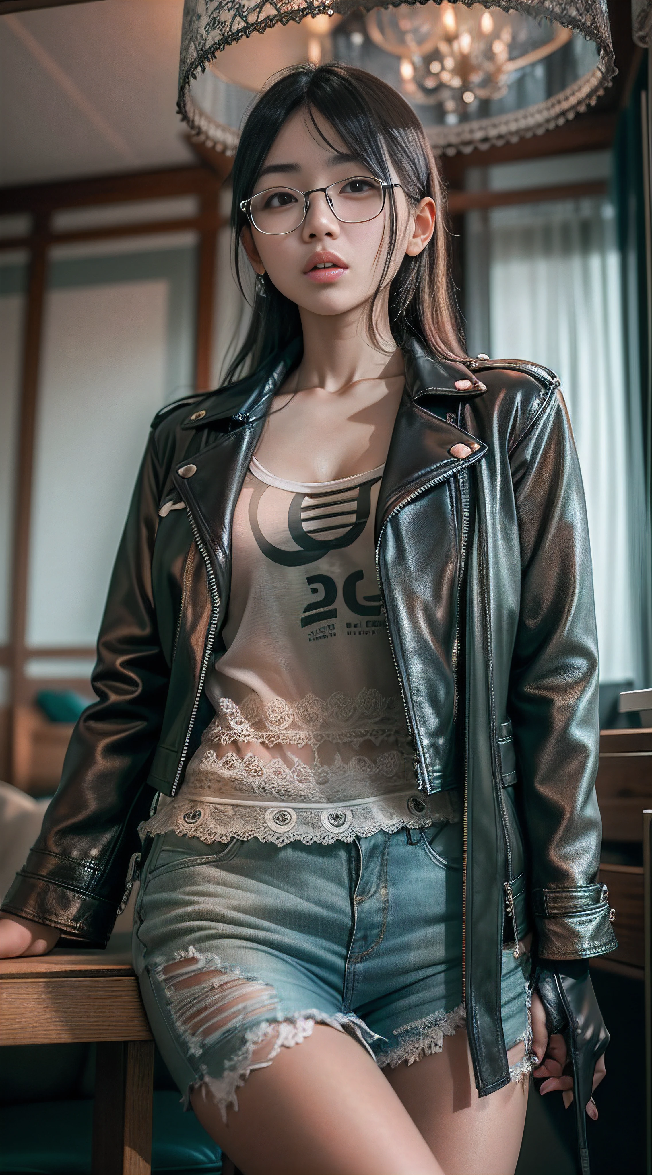 ultra-realistic photo, beautiful Japanese girl, Japanese model, in her twenties, left arm up, beautiful lips, beautiful eyes, eyeglasses, wear leather jacket half-way, lace tops inside the jacket, high heels, in a luxurious home interior, high detail, 8k