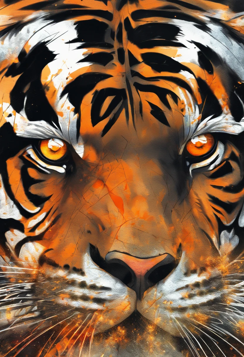 Black and gray realistic tattoo art of tiger with (((orange eyes))) with ink splatter sketch effect ,he is with open mouth looking very fierce and angry