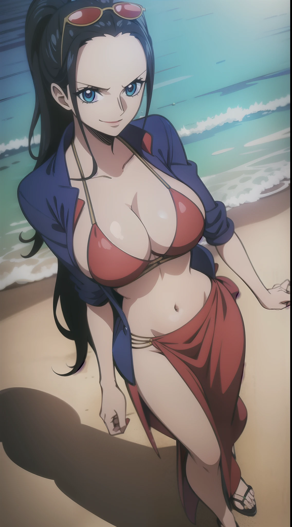 Robin de One Piece, sexy pose, What if , Elly, Red sari, 8k, anime, Shore, Big Boob, large ass, Looks sexy perfect quality eyes blue eyes nico robin, 1girl, aqua eyes, black hair, breasts, cleavage, closed mouth, collared jacket, cowboy shot, crop top, cropped jacket, extra hands, eyewear on head, hair slicked back, hand up, high collar, jacket, large breasts, long hair, looking at viewer, midriff, navel, plunging neckline, pose, sarong, short sleeves, smile, solo, standing, stomach, sunglasses, very long hair, outdoors, sea, ships high heels legs full body red lip ponytail