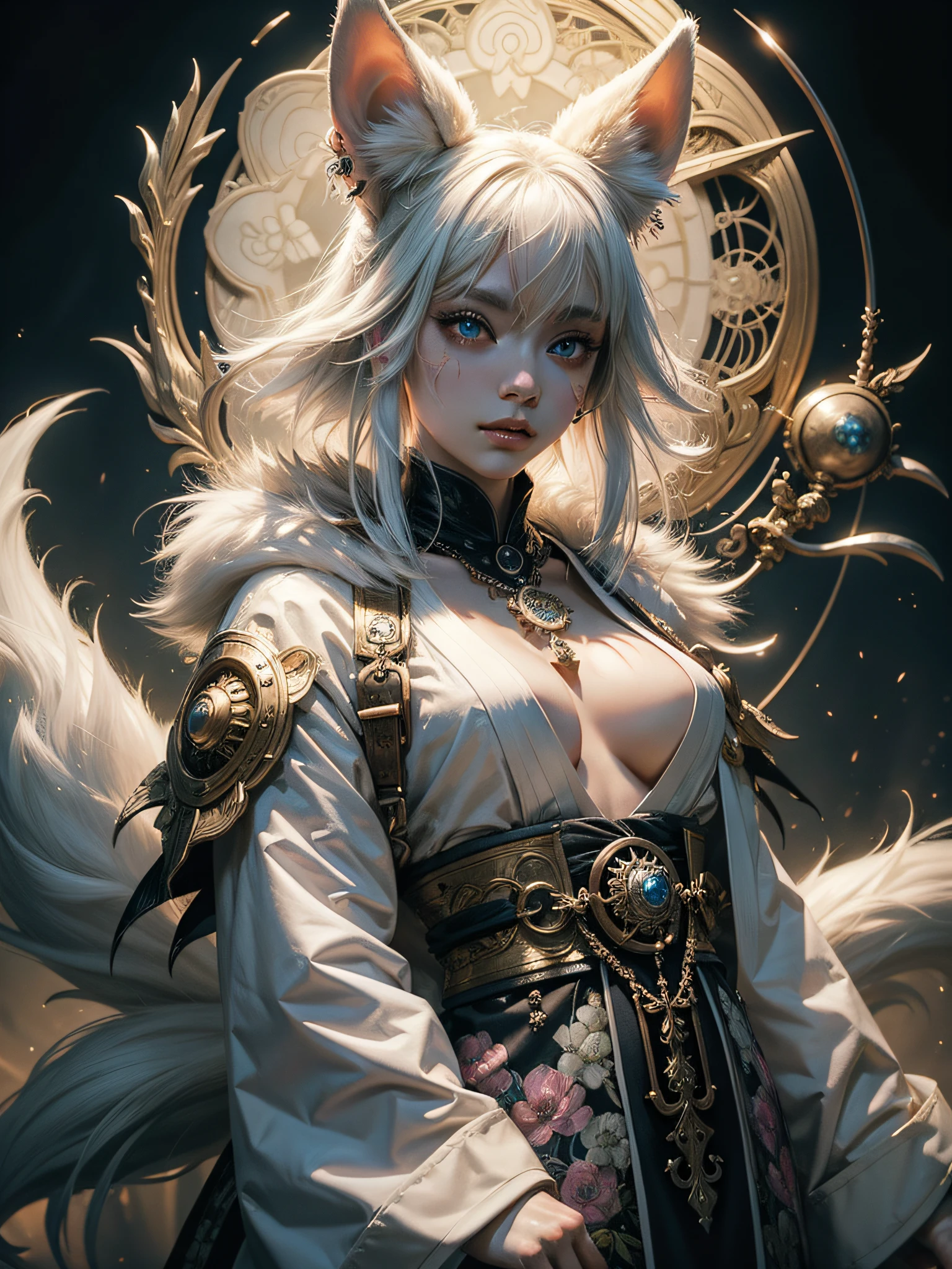 Gloomy white kitsune with fur around her neck and waist, With five tails, Dusty details of ornaments, The battle is tired, chic kimono, Epic, scar on face, Portrait of the DND character, Intricate, 8K resolution, dinamic lighting, hyper-detailing, Unreal 5, voluminous lighting, Alphonse Mucha, Pre-Raphaelites, Detailed background, a Mandala, Detailed Face, A detailed eye, neon eyes