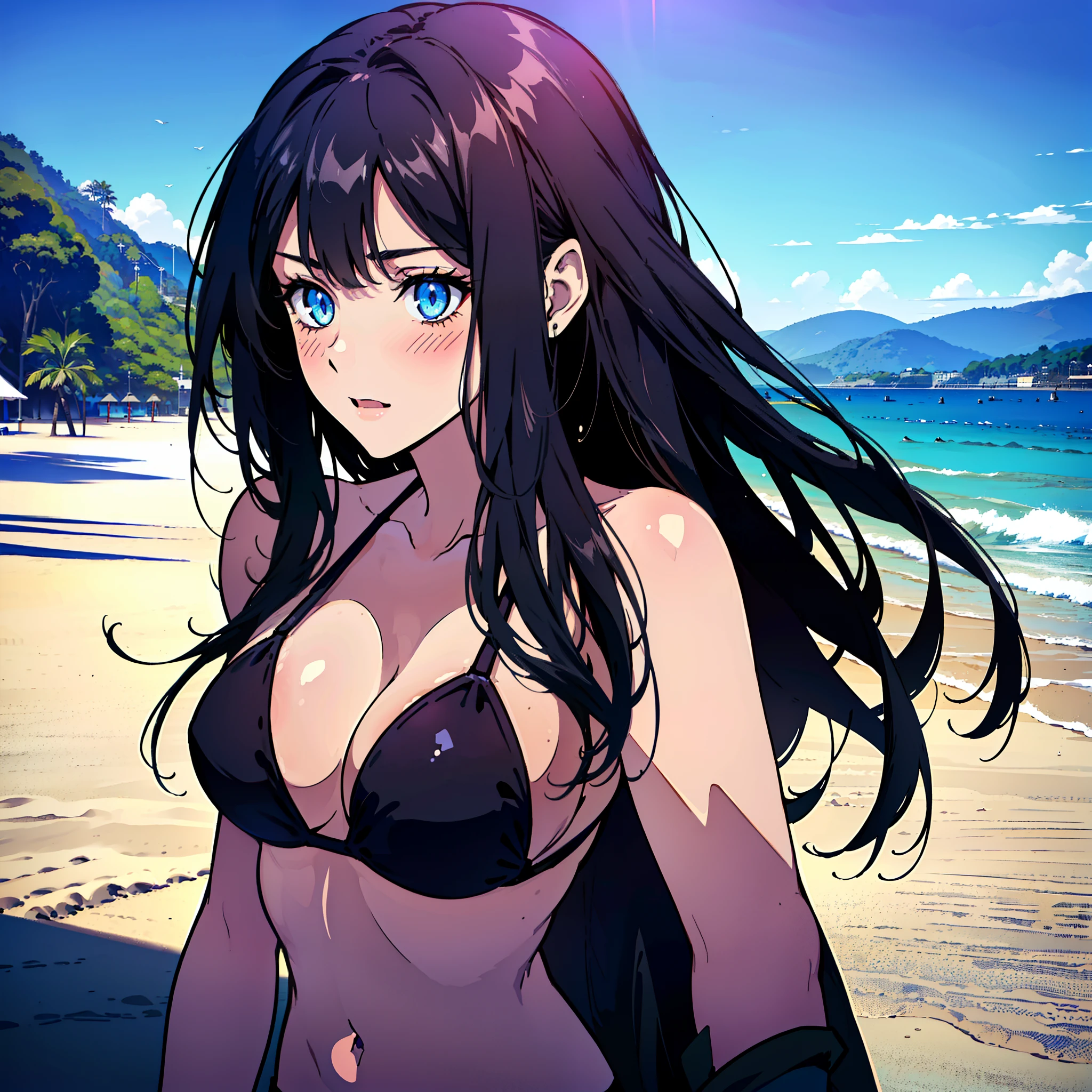 ((one girl)), ((detailed eyes)), dark blue eyes, long hair, A beautiful girl is on the road, 22 years old, masterpiece, highest quality, High contrast, (((black bikini))), big breasts, fit body, (high quality :1.5), black hair, (((happy)), blush, Tall body, vulnerable, mature face, outdoors, mature face, ((high resolution)), ((beach, empty beach)),