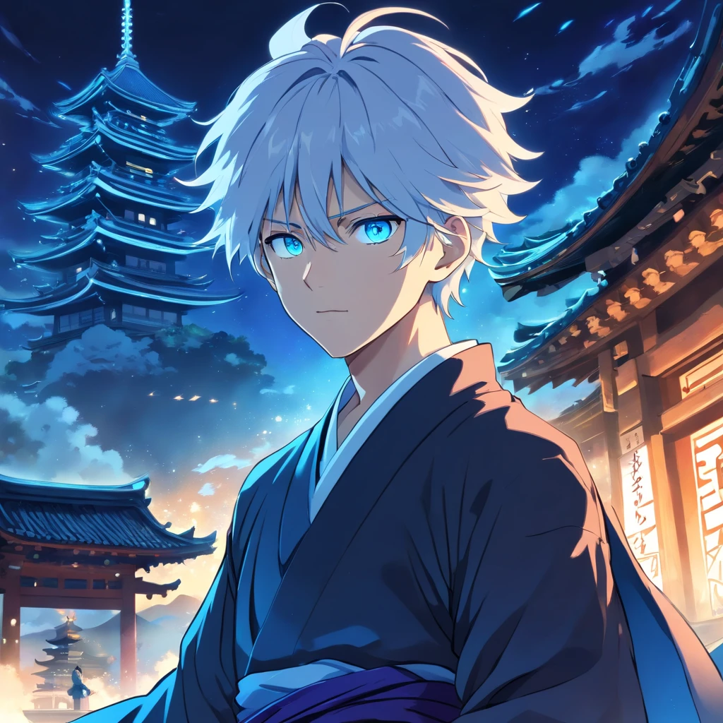Prompt: (masterpiece, illustration, anime:1.3), Satoru Gojo from Jujutsu Kaisen, (classic black attire:1.2), standing inside a temple at night, (messy white hair:1.1), (blue eyes emitting blue light:1.2), (calm expression:1.1), (uncovered eyes:1.1), (powerful presence:1.2), (mystical atmosphere:1.2), (subtle moonlight:1.1), (intricate temple architecture:1.2), (ominous shadows:1.1), (flowing robes:1.1), (detailed folds and creases:1.1), (intense blue aura:1.2), (symbols of power surrounding him:1.1), (magical energy radiating:1.2), (spellcasting gestures:1.1), (mysterious artifacts:1.1), (ethereal particles:1.1), (dynamic pose:1.2), (epic soundtrack:1.2), (sense of awe:1.1), (magical prowess:1.1).
This prompt depicts an anime illustration featuring Satoru Gojo from Jujutsu Kaisen. Gojo is shown wearing his classic black attire inside a temple at night. His white hair is messy, and his blue eyes emit a radiant blue light. The illustration captures Gojo's calm expression, powerful presence, and the mystical atmosphere of the scene. The temple's intricate architecture, subtle moonlight, and ominous shadows add to the overall ambiance. The prompt emphasizes Gojo's intense blue aura, spellcasting gestures, and the sense of awe surrounding his magical prowess. The artwork aims to showcase the captivating nature of Satoru Gojo as a radiant sorcerer.