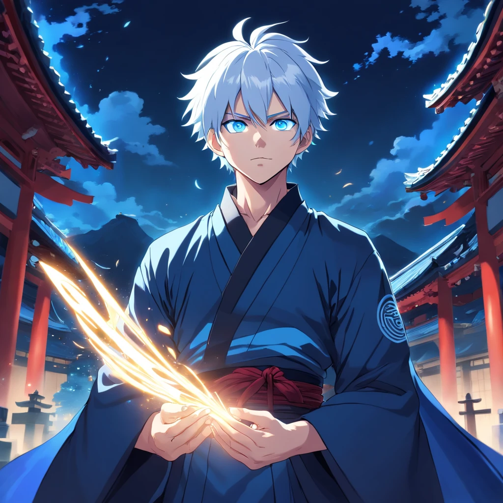 Prompt: (masterpiece, illustration, anime:1.3), Satoru Gojo from Jujutsu Kaisen, (classic black attire:1.2), standing inside a temple at night, (messy white hair:1.1), (blue eyes emitting blue light:1.2), (calm expression:1.1), (uncovered eyes:1.1), (powerful presence:1.2), (mystical atmosphere:1.2), (subtle moonlight:1.1), (intricate temple architecture:1.2), (ominous shadows:1.1), (flowing robes:1.1), (detailed folds and creases:1.1), (intense blue aura:1.2), (symbols of power surrounding him:1.1), (magical energy radiating:1.2), (spellcasting gestures:1.1), (mysterious artifacts:1.1), (ethereal particles:1.1), (dynamic pose:1.2), (epic soundtrack:1.2), (sense of awe:1.1), (magical prowess:1.1).
This prompt depicts an anime illustration featuring Satoru Gojo from Jujutsu Kaisen. Gojo is shown wearing his classic black attire inside a temple at night. His white hair is messy, and his blue eyes emit a radiant blue light. The illustration captures Gojo's calm expression, powerful presence, and the mystical atmosphere of the scene. The temple's intricate architecture, subtle moonlight, and ominous shadows add to the overall ambiance. The prompt emphasizes Gojo's intense blue aura, spellcasting gestures, and the sense of awe surrounding his magical prowess. The artwork aims to showcase the captivating nature of Satoru Gojo as a radiant sorcerer.