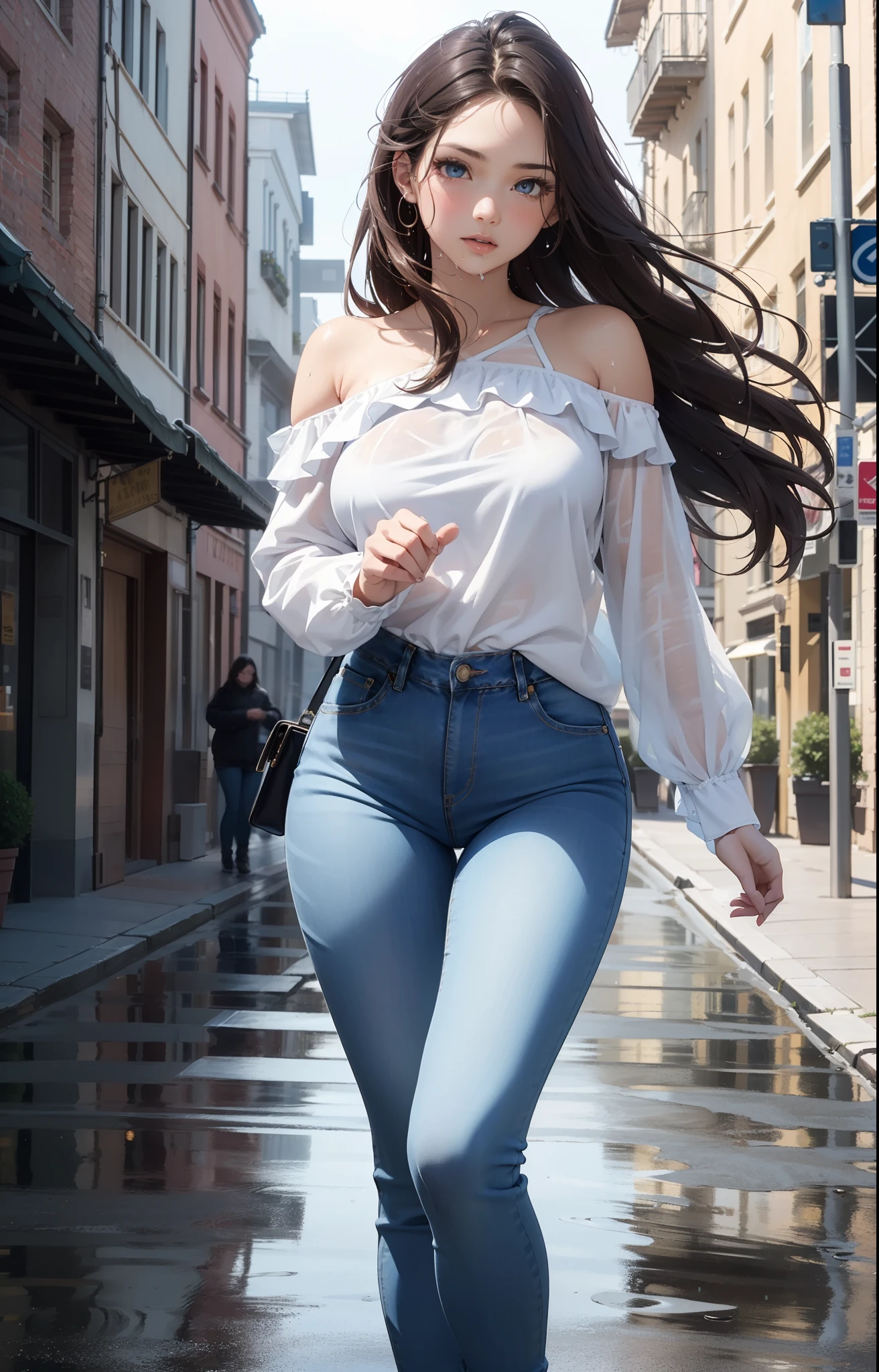 masterpiece, extremery magnificent view, perspective, extremery best quality, extremery detailed CG, 8k wallpaper, high resolution, highly detailed face, highly detailed eyes, perfect anatomy, super detailed skin,
(dynamic angle, dynamic pose:1.2), outdoors, street, raining!!!, in the rain, (portrait, legs focus, full body), (beautiful face, beautiful eyes, beautiful legs:1.3),
1 girl, solo, (white blouse), (blue denim pants:1.3), wet blouse, bare shoulder, long sleeves, (skinny jeans pants:1.3), wet pants, large breasts, brown hair, long hair, wavy hair, open forehead, blue eyes, skinny, slender, wide hips, thin waist