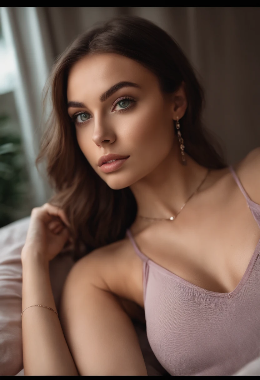 arafed woman with a white tank top and a necklace, sexy girl with green eyes, portrait sophie mudd, brown hair and large eyes, selfie of a young woman, bedroom eyes, violet myers, without makeup, natural makeup, looking directly at the camera, face with artgram, subtle makeup, stunning full body shot, piercing green eyes, beautiful angle, attractive pose, cute girl, sexy pose, full body picture, full body, full body shoot, wearing tight pink lingerie and black stockings
