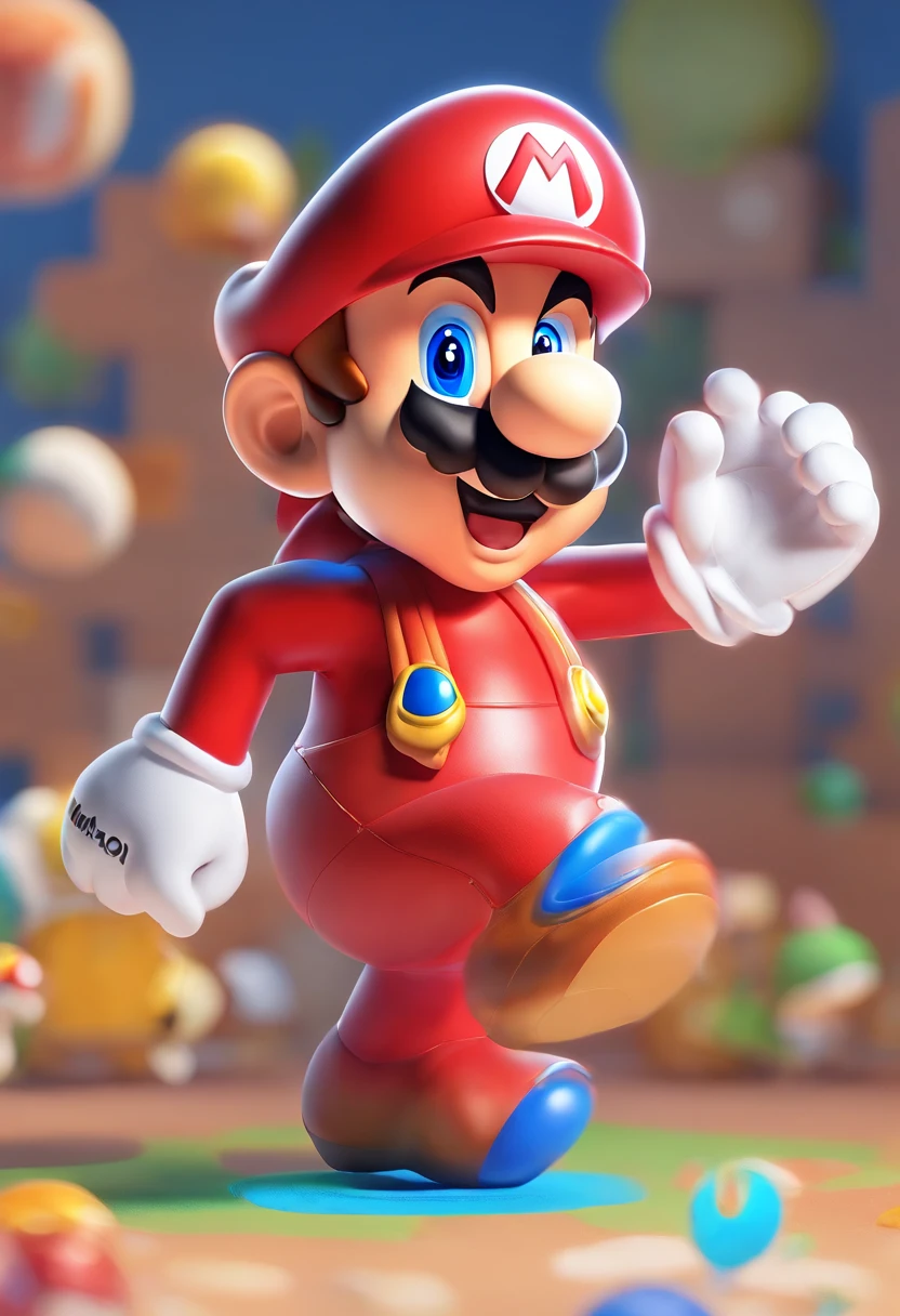 (Mario), Character Design, Nintendo Super Mario, (Blue eyes, Red hat, Red suit, Blue suspenders, White Gloves, )Super cute blind box style, Chibi, Full body, Exaggerated expressions and actions, clean back ground, Bright iridescent highlights, Studio Lighting, Atmospheric lighting, With exquisite texture, high detailing, High resolution, C4D, 。.3D, blender, 8K, Best Quality, Ultra high definition