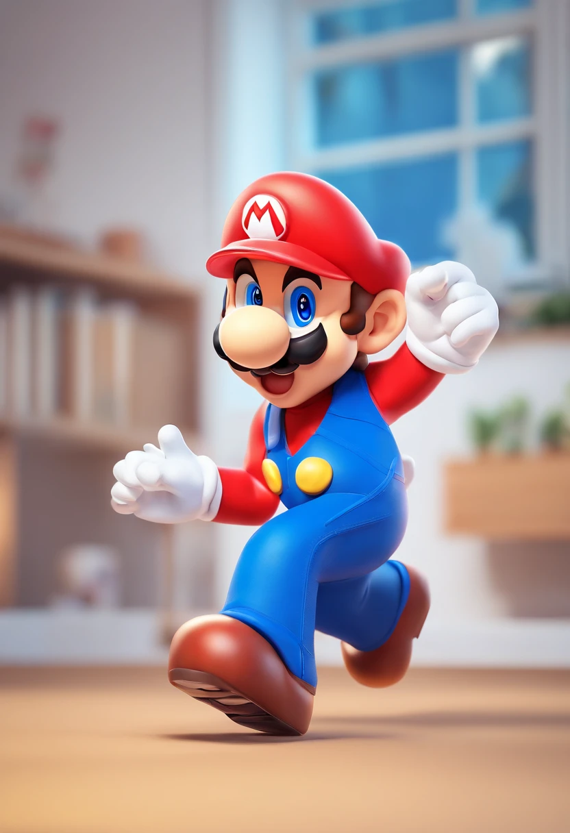 (Mario), Character Design, Nintendo Super Mario, (Blue eyes, Red hat, Red suit, Blue suspenders, White Gloves, )Super cute blind box style, Chibi, Full body, Exaggerated expressions and actions, clean back ground, Bright iridescent highlights, Studio Lighting, Atmospheric lighting, With exquisite texture, high detailing, High resolution, C4D, 。.3D, blender, 8K, Best Quality, Ultra high definition