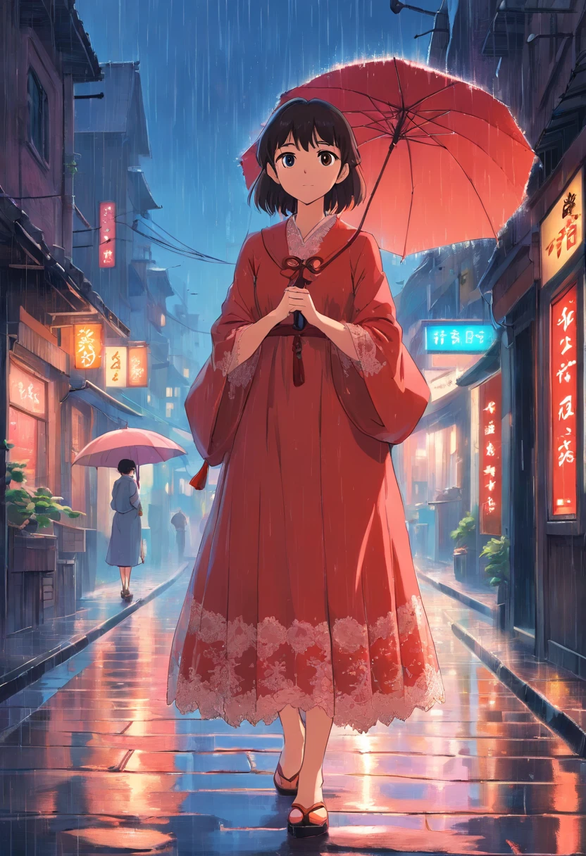1girl, ((Best Quality, 8K, lace maxi dress, Standing in the rain, red light district, Highly Detailed Facial and Skin Texture, 詳細な目, double eyelids.)
