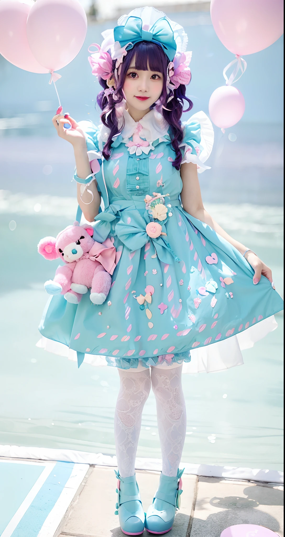 Alafe in blue dress and pink shoes holding a teddy bear, angelic pretty, ta Fashion, Lolityle, candy pastel, Belle Delphine, Kawaii Style, kawaii decora rainbowcore, lovely pastel colors, Pastel blue and pink, pastel goth, pastel goth aesthetic, Pastel style, candy girl, dreamy style, colorful pastel, blue and pink