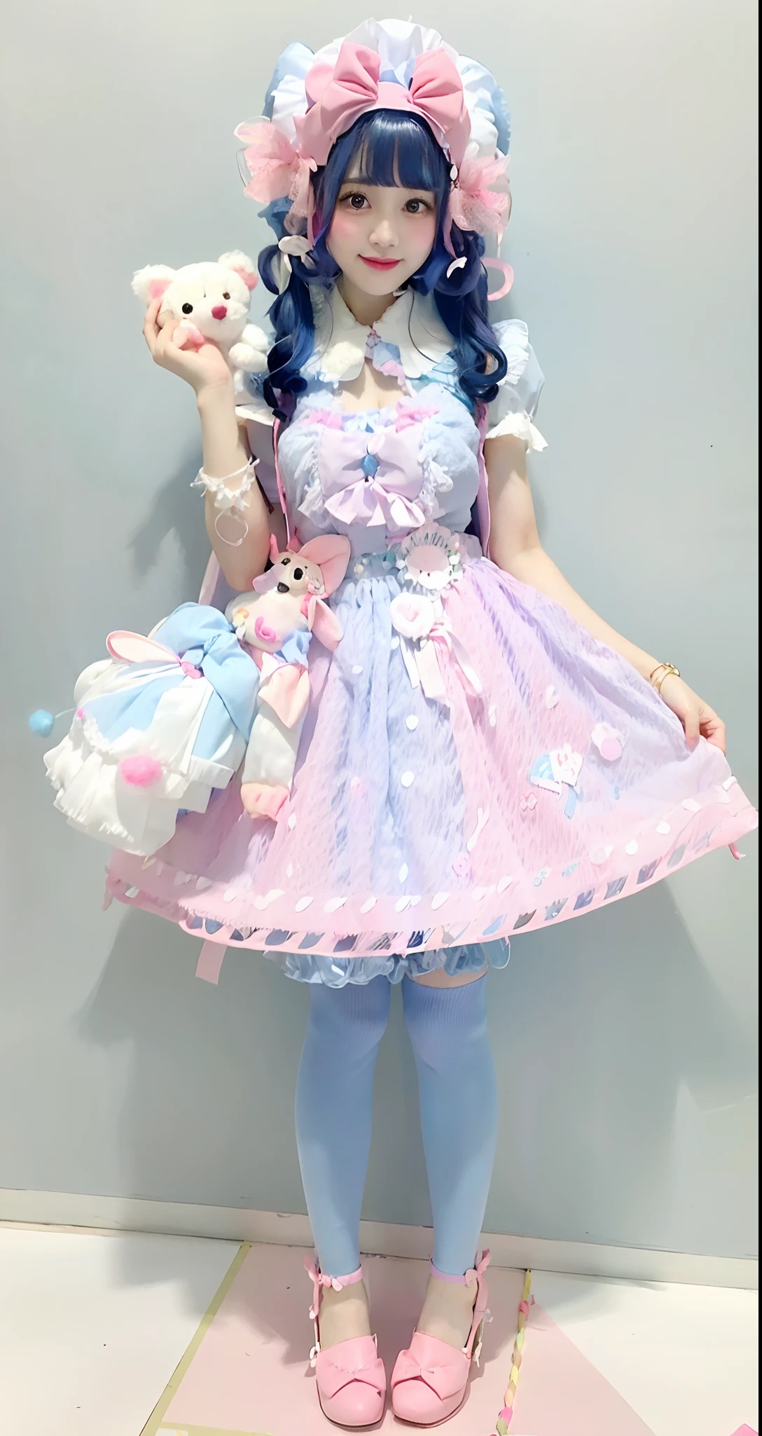 Alafe in blue dress and pink shoes holding a teddy bear, angelic pretty, Lolita Fashion, Lolita style, candy pastel, Belle Delphine, Kawaii Style, kawaii decora rainbowcore, lovely pastel colors, Pastel blue and pink, pastel goth, pastel goth aesthetic, Pastel style, candy girl, dreamy style, colorful pastel, blue and pink