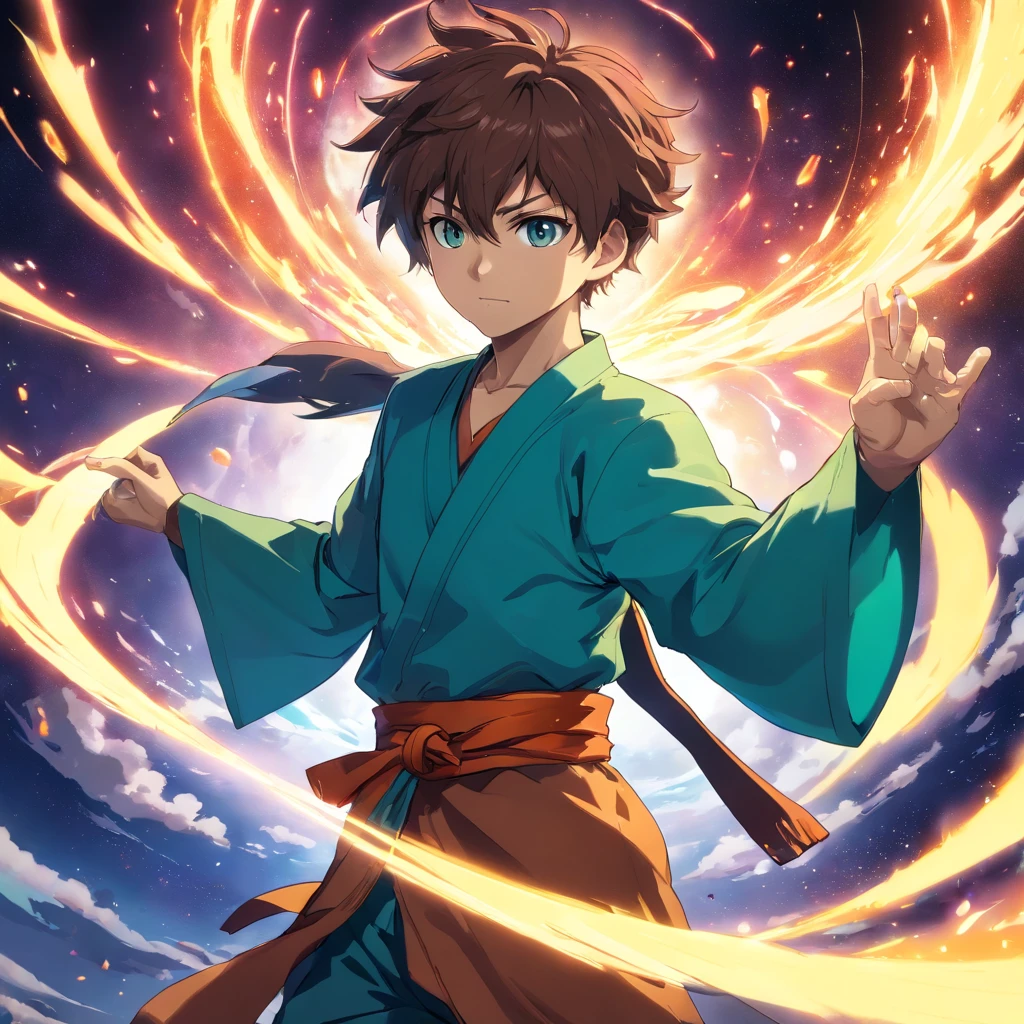 satoru Gojo do anime Jujutsu Kaisen em uma postura de batalha impressionante. He is surrounded by a magical turquoise aura, that radiates power and confidence. Your eyes are focused, emitting an icy intensity as he prepares to face an invisible enemy. As faixas da sua bandana voam ao vento, enquanto seus cabelos brancos tremulam de energia espiritual. The surrounding environment is a desolate battlefield, com escombros e escombros espalhados. The atmosphere is electrifying and full of magical tension, detailed digital illustration, dynamic light technique, --AR 16:9 --V 5