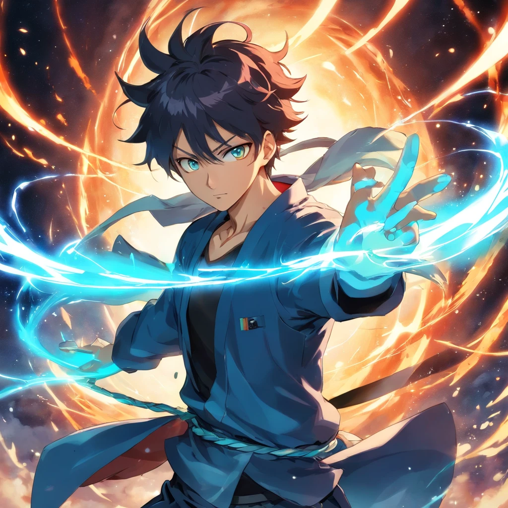 satoru Gojo do anime Jujutsu Kaisen em uma postura de batalha impressionante. He is surrounded by a magical turquoise aura, that radiates power and confidence. Your eyes are focused, emitting an icy intensity as he prepares to face an invisible enemy. As faixas da sua bandana voam ao vento, enquanto seus cabelos brancos tremulam de energia espiritual. The surrounding environment is a desolate battlefield, com escombros e escombros espalhados. The atmosphere is electrifying and full of magical tension, detailed digital illustration, dynamic light technique, --AR 16:9 --V 5