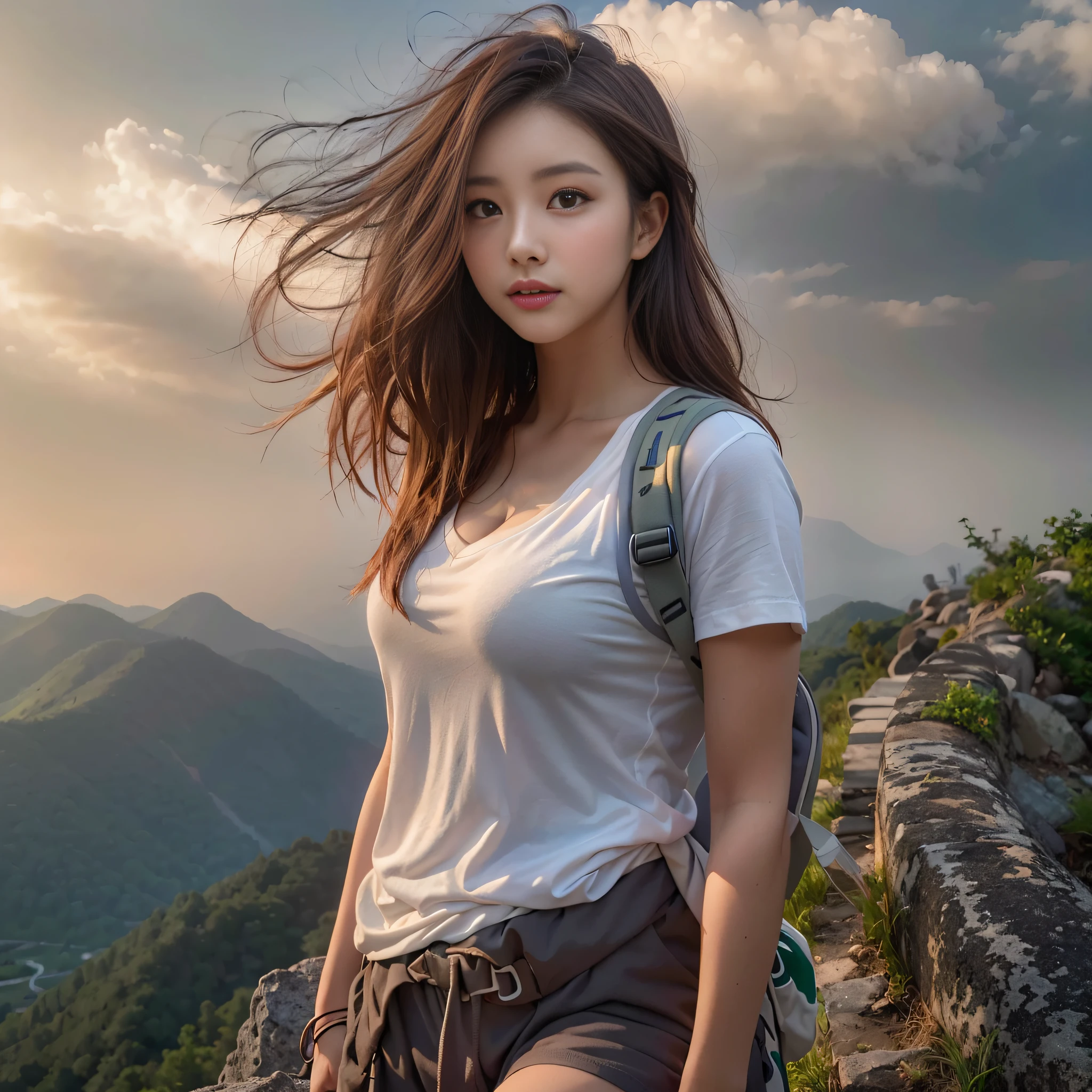 (Naturescape photography), (best quality), masterpiece:1.2, ultra high res, photorealistic:1.4, RAW photo, (Magnificent mountain, sea of clouds), (On a very high mountain peak), (sunset), (wideangle shot),  (Show cleavage:0.8),
(1girl), (Photo from the knee up:1.3), (18 years old), (smile:0.9), (shiny skin), (short hair, dark brown hair), 
(Large white V-neck T-shirt, Trekking shorts), (Carrying a large backpack), 
(ultra detailed face), (ultra Beautiful fece), (ultra detailed eyes), (ultra detailed nose), (ultra detailed mouth), (ultra detailed arms), (ultra detailed body), pan focus, looking at the audience, (Show cleavage)