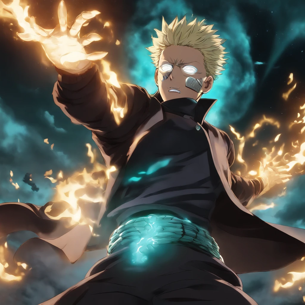 satoru Gojo do anime Jujutsu Kaisen em uma postura de batalha impressionante. He is surrounded by a magical turquoise aura, that radiates power and confidence. Your eyes are focused, emitting an icy intensity as he prepares to face an invisible enemy. As faixas da sua bandana voam ao vento, enquanto seus cabelos brancos tremulam de energia espiritual. The surrounding environment is a desolate battlefield, com escombros e escombros espalhados. The atmosphere is electrifying and full of magical tension, detailed digital illustration, dynamic light technique, --AR 16:9 --V 5