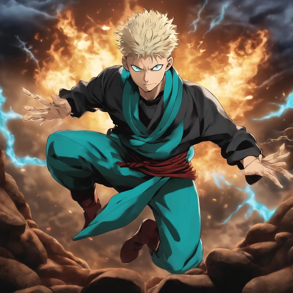 satoru Gojo do anime Jujutsu Kaisen em uma postura de batalha impressionante. He is surrounded by a magical turquoise aura, that radiates power and confidence. Your eyes are focused, emitting an icy intensity as he prepares to face an invisible enemy. As faixas da sua bandana voam ao vento, enquanto seus cabelos brancos tremulam de energia espiritual. The surrounding environment is a desolate battlefield, com escombros e escombros espalhados. The atmosphere is electrifying and full of magical tension, detailed digital illustration, dynamic light technique, --AR 16:9 --V 5