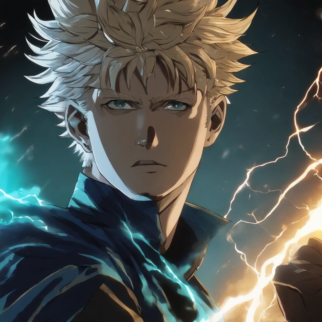 satoru Gojo do anime Jujutsu Kaisen em uma postura de batalha impressionante. He is surrounded by a magical turquoise aura, that radiates power and confidence. Your eyes are focused, emitting an icy intensity as he prepares to face an invisible enemy. As faixas da sua bandana voam ao vento, enquanto seus cabelos brancos tremulam de energia espiritual. The surrounding environment is a desolate battlefield, com escombros e escombros espalhados. The atmosphere is electrifying and full of magical tension, detailed digital illustration, dynamic light technique, --AR 16:9 --V 5