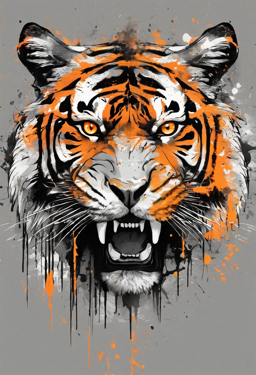 Black and gray realistic tattoo art of tiger with (((orange eyes))) with ink splatter sketch effect ,he is with open mouth looking very fierce and angry