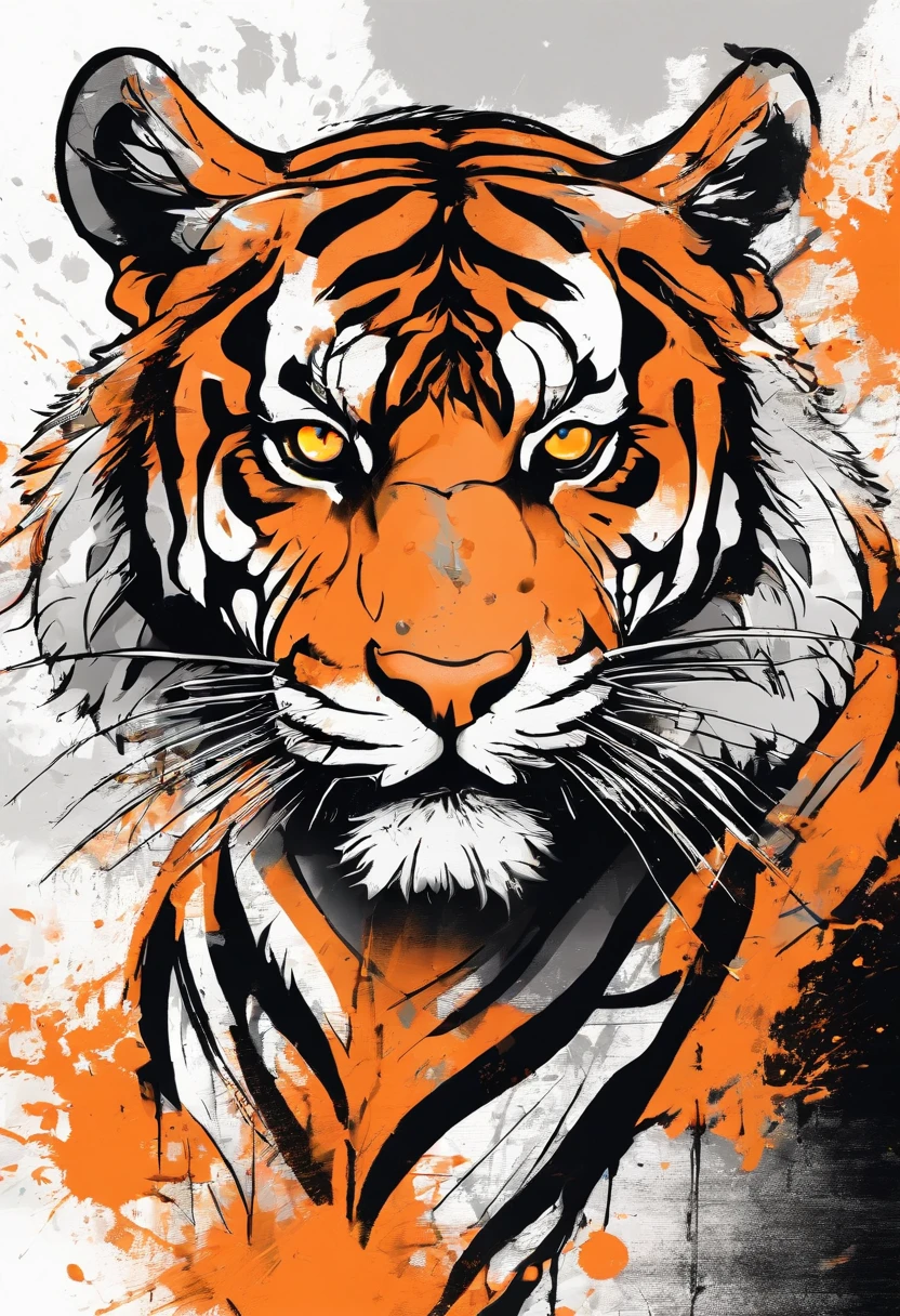 Black and gray realistic tattoo art of tiger with (((orange eyes))) with ink splatter sketch effect ,he is with open mouth looking very fierce and angry