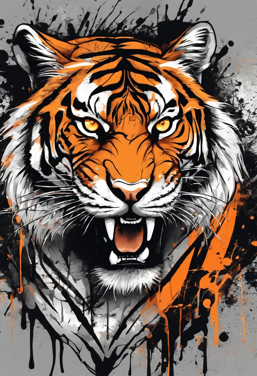Black and gray realistic tattoo art of tiger with (((orange eyes))) with ink splatter sketch effect ,he is with open mouth looking very fierce and angry