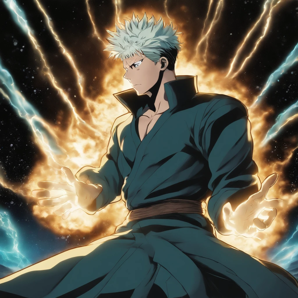satoru Gojo do anime Jujutsu Kaisen em uma postura de batalha impressionante. He is surrounded by a magical turquoise aura, that radiates power and confidence. Your eyes are focused, emitting an icy intensity as he prepares to face an invisible enemy. As faixas da sua bandana voam ao vento, enquanto seus cabelos brancos tremulam de energia espiritual. The surrounding environment is a desolate battlefield, com escombros e escombros espalhados. The atmosphere is electrifying and full of magical tension, detailed digital illustration, dynamic light technique, --AR 16:9 --V 5