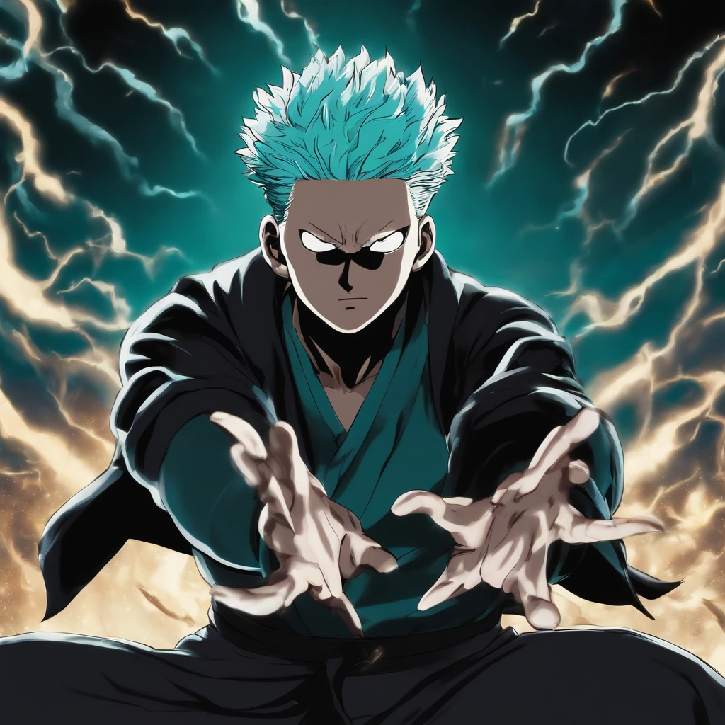 satoru Gojo do anime Jujutsu Kaisen em uma postura de batalha impressionante. He is surrounded by a magical turquoise aura, that radiates power and confidence. Your eyes are focused, emitting an icy intensity as he prepares to face an invisible enemy. As faixas da sua bandana voam ao vento, enquanto seus cabelos brancos tremulam de energia espiritual. The surrounding environment is a desolate battlefield, com escombros e escombros espalhados. The atmosphere is electrifying and full of magical tension, detailed digital illustration, dynamic light technique, --AR 16:9 --V 5