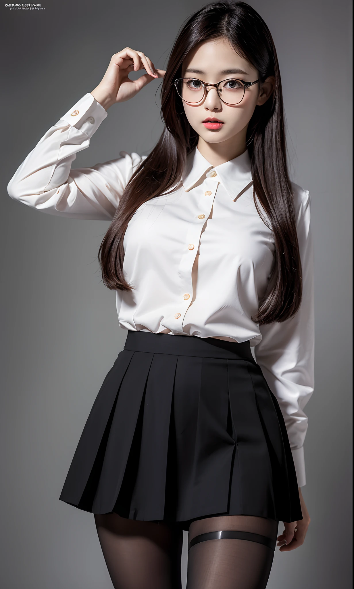 ulzzang-6500-v1.1, (raw photo:1.2), (photorealistic:1.4), beautiful detailed girl, very detailed eyes and face, beautiful detailed eyes, ridiculous, incredibly ridiculous, huge file size, super detailed, high resolution, very detailed, best quality, masterpiece, ((fashion clothing with diverse colors)), illustration, very detailed, CG, unified, 8k wallpaper, amazing, fine detail, masterpiece ,best quality, very detailed CG uniform 8k wallpaper, light on face, movie lighting, 1girl, 16 years old, long white hair, side splits, (big breasts), ()), (glasses), ((dynamic pose))), ((sexy pose))), (camel toe), (half), (pantyhose)), ((black hip skirt))