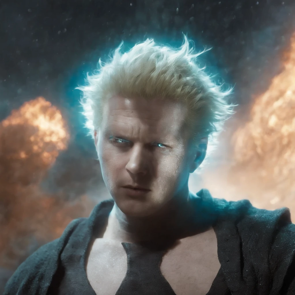 satoru Gojo do anime Jujutsu Kaisen em uma postura de batalha impressionante. He is surrounded by a magical turquoise aura, that radiates power and confidence. Your eyes are focused, emitting an icy intensity as he prepares to face an invisible enemy. As faixas da sua bandana voam ao vento, enquanto seus cabelos brancos tremulam de energia espiritual. The surrounding environment is a desolate battlefield, com escombros e escombros espalhados. The atmosphere is electrifying and full of magical tension, detailed digital illustration, dynamic light technique, --AR 16:9 --V 5