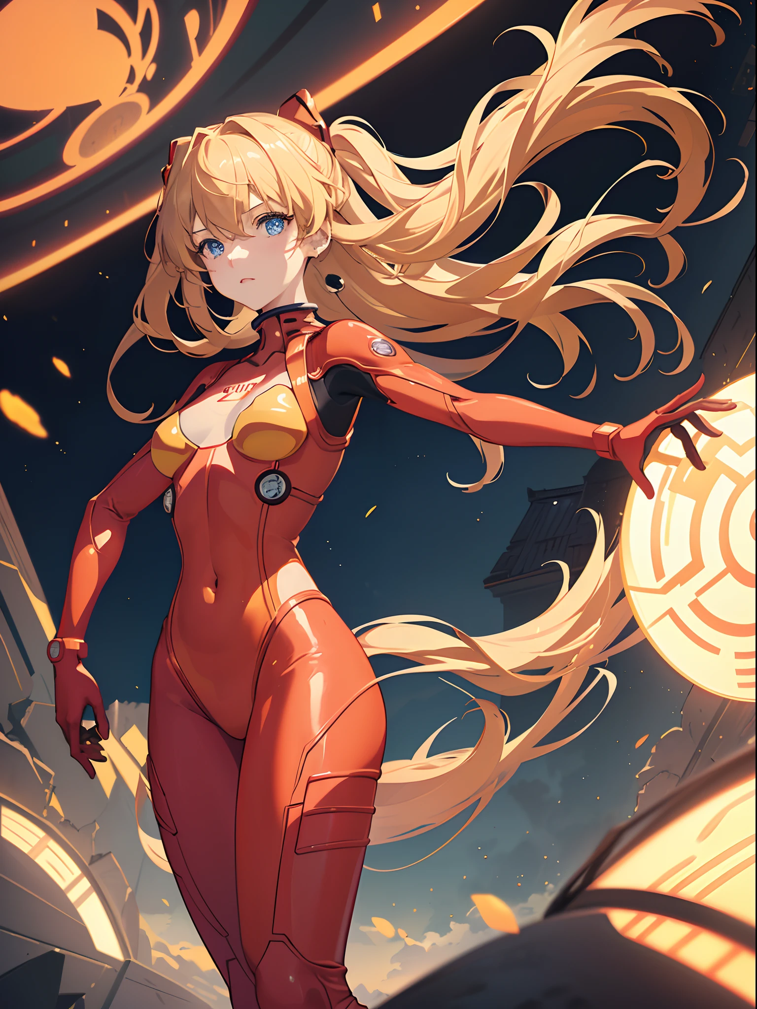 ((souryuu asuka langley,bodysuit,red plugsuit1.2,dull Blonde)),(Glowing eyes:1.233), diffuse reflection, high-profile, majestic,(Tsundere,blushing,)(Beautiful and detailed eyes:1.3),1girll,Solo,(Masterpiece,Best quality, offcial art,Target the audience, Beautiful and aesthetic:1.3),(超高分辨率,Golden ratio, (4K), looking from above,((blue earth on the background,)),Floating, (photon maping, Radio City, Physically-based rendering,automatic white balance),Amazing,Sharp focus,Rich background, (((highdetailskin,)))Dynamic lighting,Intricately detailed clothing,Glowing eyes,Watery eyes,(masterpiece sidelighting),(a beauty girl,The sheen),[[Delicate fingers and hands:0.55]::0.85],(Detail fingers),((((BREAK,Design an image with a fisheye lens effect, capturing a wide field of view with a distinctive, curved perspective:1.4.BREAK,)))Superior photographic quality,((unbelievable Ridiculous)),((extremely_Detailed_Eyes_and_face)),(Disheveled hair),Movie girl,