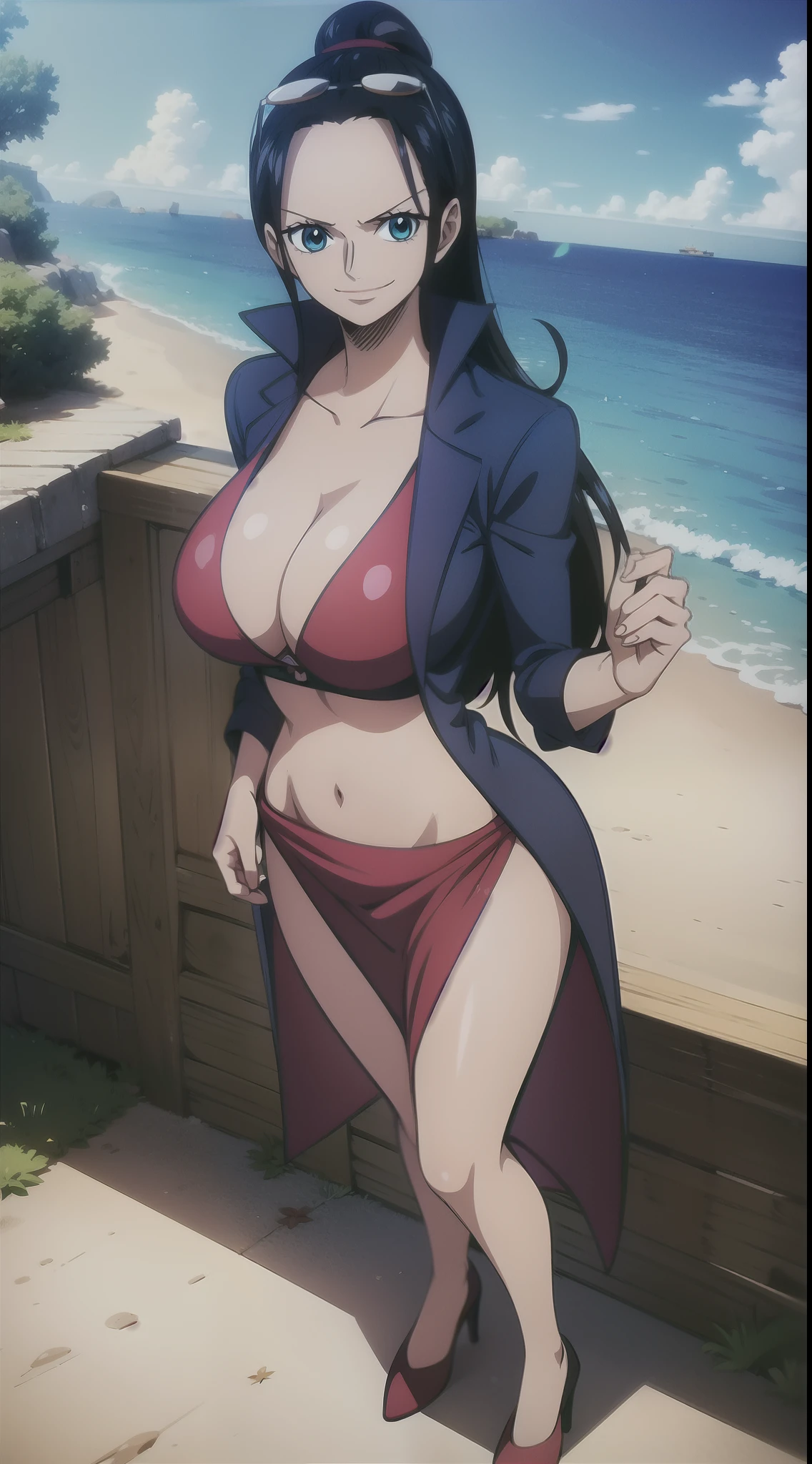 Robin de One Piece, sexy pose, What if , Elly, Red sari, 8k, anime, Shore, Big Boob, large ass, Looks sexy perfect quality eyes blue eyes nico robin, 1girl, aqua eyes, black hair, breasts, cleavage, closed mouth, collared jacket, cowboy shot, crop top, cropped jacket, extra hands, eyewear on head, hair slicked back, hand up, high collar, jacket, large breasts, long hair, looking at viewer, midriff, navel, plunging neckline, pose, sarong, short sleeves, smile, solo, standing, stomach, sunglasses, very long hair, outdoors, sea, ships high heels legs full body red lip ponytail