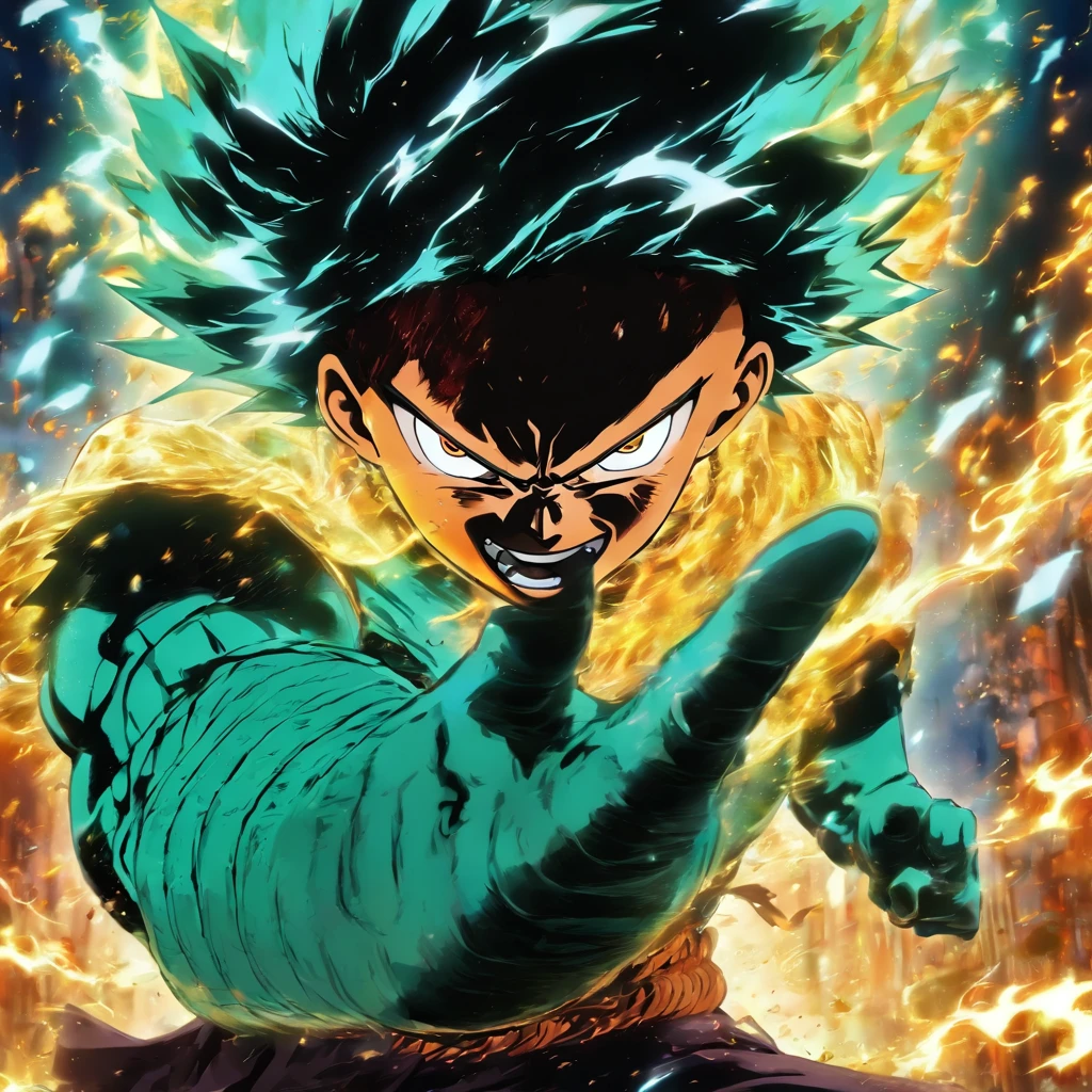 satoru Gojo do anime Jujutsu Kaisen em uma postura de batalha impressionante. He is surrounded by a magical turquoise aura, that radiates power and confidence. Your eyes are focused, emitting an icy intensity as he prepares to face an invisible enemy. As faixas da sua bandana voam ao vento, enquanto seus cabelos brancos tremulam de energia espiritual. The surrounding environment is a desolate battlefield, com escombros e escombros espalhados. The atmosphere is electrifying and full of magical tension, detailed digital illustration, dynamic light technique, --AR 16:9 --V 5