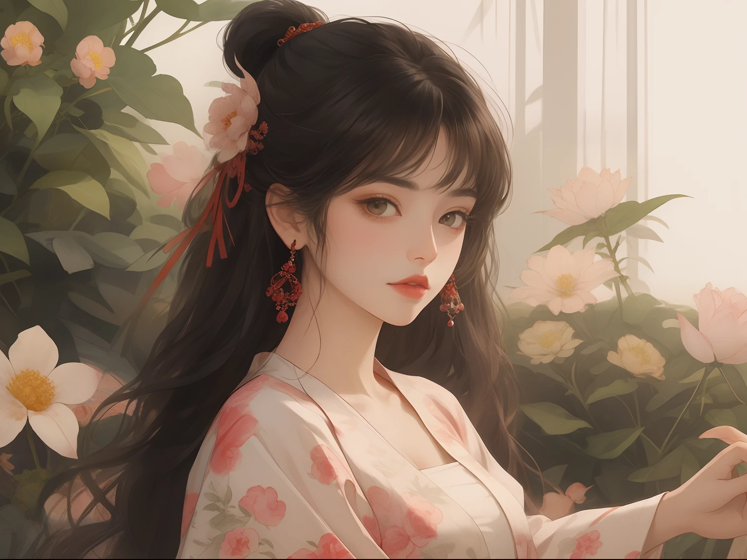 1 flat-chested girl,Close-up of upper body portrait,Flat and slender body,flatchest,Black color hair,floated hair,Hazy beauty,Extremely beautiful facial features,Burgundy embroidered tulle soft dress,with a hairpin on her head,Lying in white flowers,Surrounded by flowers,Perfect anatomy,(Skinny figure,flatchest),White flowers,(springtime, Rainy days, terraced, mountain ranges), Simple vector art, Contemporary Chinese art, the soft light,Overlooking