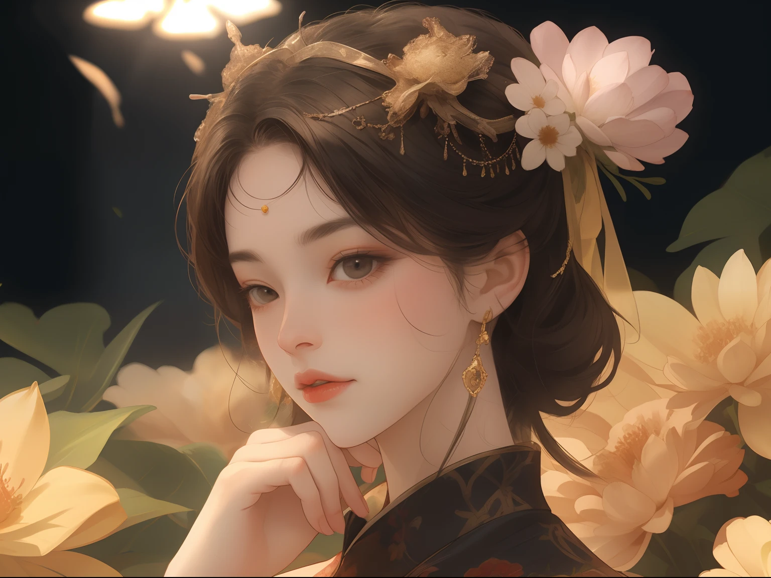 1 flat-chested girl，Close-up of upper body portrait，Flat and slender body，flatchest，Black color hair，floated hair，Hazy beauty，Extremely beautiful facial features，Burgundy embroidered tulle soft dress，with a hairpin on her head，Lying in white flowers，Surrounded by flowers，Perfect anatomy，（Skinny figure，flatchest），White flowers，（springtime， Rainy days， terraced， mountain ranges）， Simple vector art， Contemporary Chinese art， the soft light，Overlooking