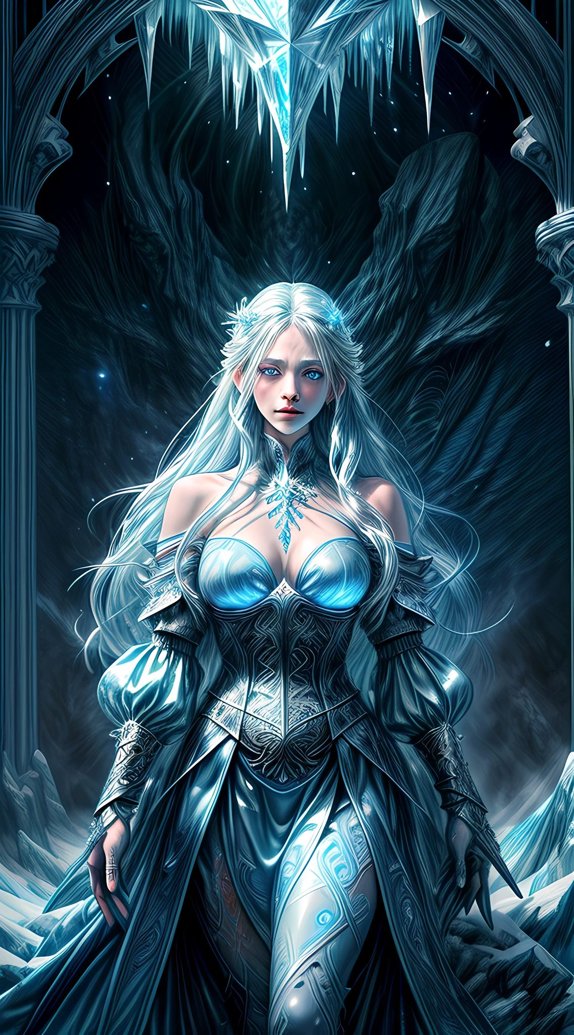 high details, best quality, 8k, [ultra detailed], masterpiece, best quality, (extremely detailed), dynamic angle, ultra wide shot, photorealistic, fantasy art, dnd art, rpg art, realistic art, an ultra wide picture of a female human (1.5 intricate details, Masterpiece, best quality) godess of ice  ((icy magical aura)), controlling a swirling icy blue magic (1.5 intense details, Masterpiece, best quality), manipulating [[magical ice magical symbols]] (1.5 intricate details, Masterpiece, best quality), human female, silver  hair, long hair with icy aura, hair with freezing  touch, cold eyes, intense eyes, ((icy eyes)), ((glowing blue eyes)), dynamic clothing, fantasy snowy mountain  background (1.5 intricate details, Masterpiece, best quality), ((divine worship atmosphere)), high details, best quality, highres, ultra wide angle, 3D rendering, 3DD-LM