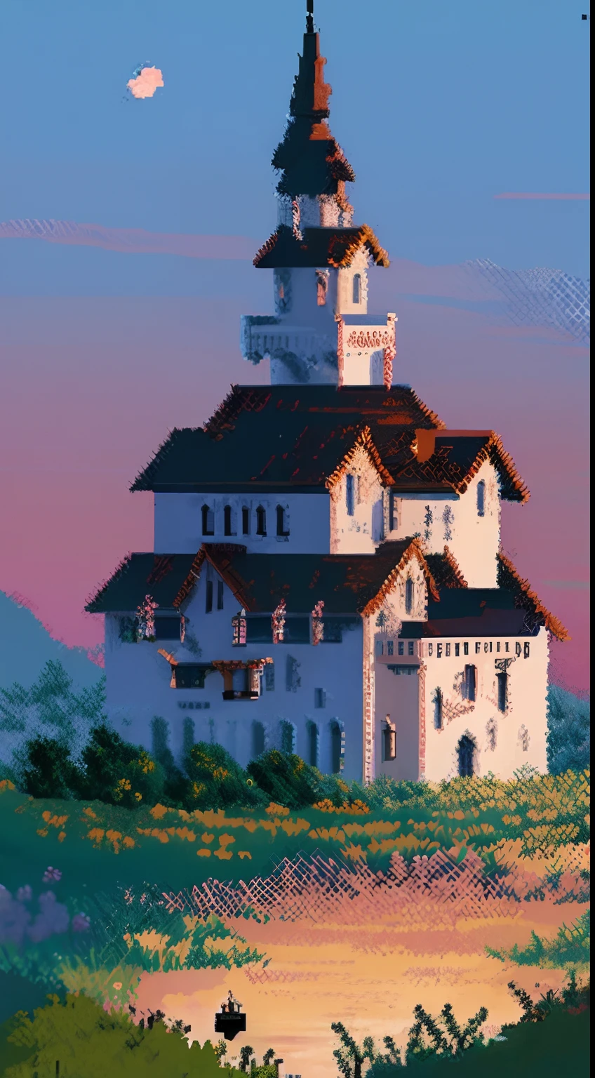 ((pixel art)), castle, moon, pixelated, cool, rpg, intricate, landscape, colorful