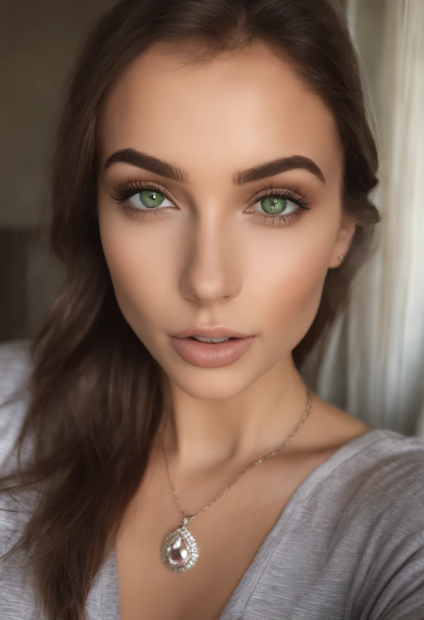 arafed woman with a white tank top and a necklace, sexy girl with green eyes, portrait sophie mudd, brown hair and large eyes, selfie of a young woman, bedroom eyes, violet myers, without makeup, natural makeup, looking directly at the camera, face with artgram, subtle makeup, stunning full body shot, piercing green eyes, wearing grey skirt and boots