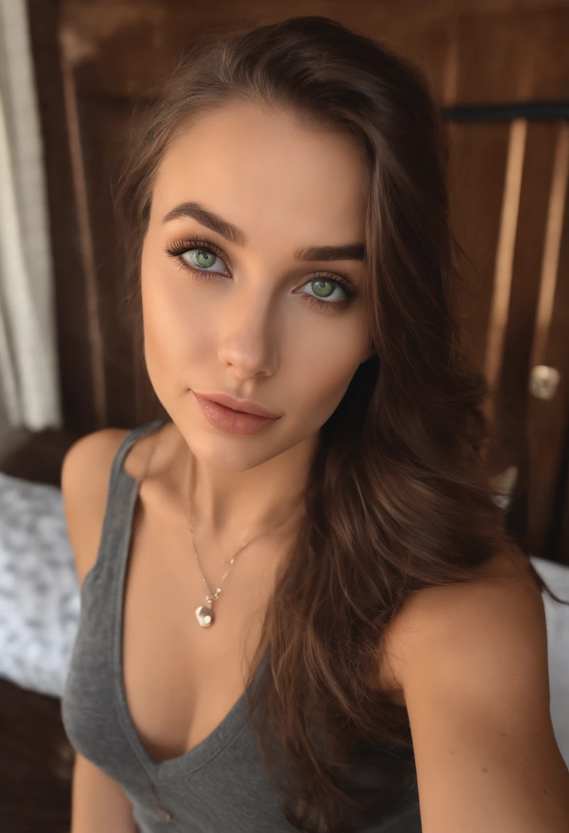arafed woman with a white tank top and a necklace, sexy girl with green eyes, portrait sophie mudd, brown hair and large eyes, selfie of a young woman, bedroom eyes, violet myers, without makeup, natural makeup, looking directly at the camera, face with artgram, subtle makeup, stunning full body shot, piercing green eyes, wearing grey skirt and boots