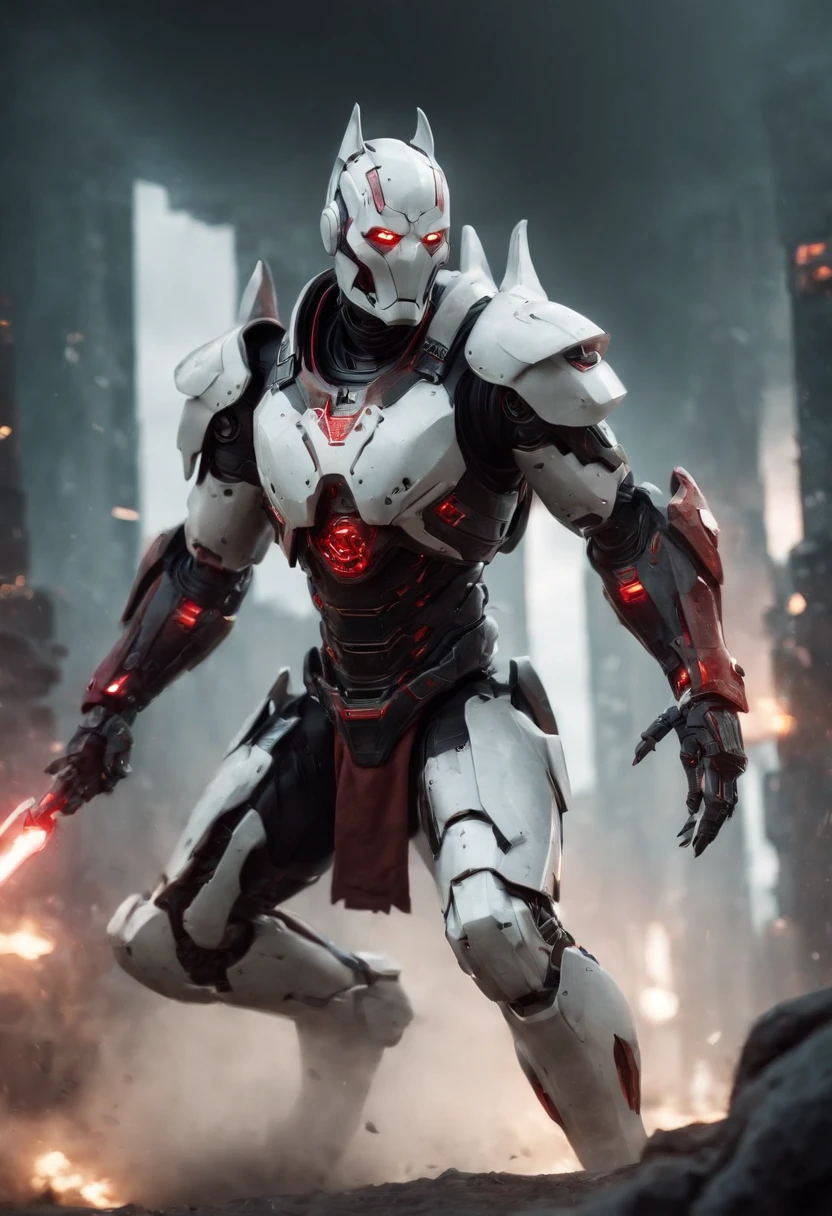 (best quality,4k,highres:1.2), ultra-detailed, realistic, dark fantasy, cyberpunk, portraits, landscape, HDR, vivid colors, sharp focus, concept artists, mystical atmosphere, gloomy ambience, eerie lighting, otherworldly creatures, towering skyscrapers, neon-lit cityscape, futuristic technology, man with piercing eyes, mechanical marvel, cybernetics guardian, robot existence, white horse galloping, fang tian painting halberd, red accents: 1.1, mysterious veil, dramatic composition