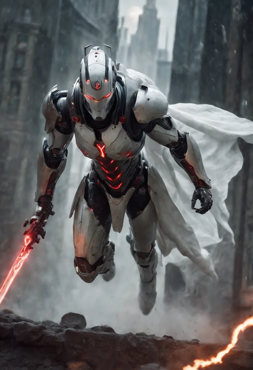 (best quality,4k,highres:1.2), ultra-detailed, realistic, dark fantasy, cyberpunk, portraits, landscape, HDR, vivid colors, sharp focus, concept artists, mystical atmosphere, gloomy ambience, eerie lighting, otherworldly creatures, towering skyscrapers, neon-lit cityscape, futuristic technology, man with piercing eyes, mechanical marvel, cybernetics guardian, robot existence, white horse galloping, fang tian painting halberd, red accents: 1.1, mysterious veil, dramatic composition