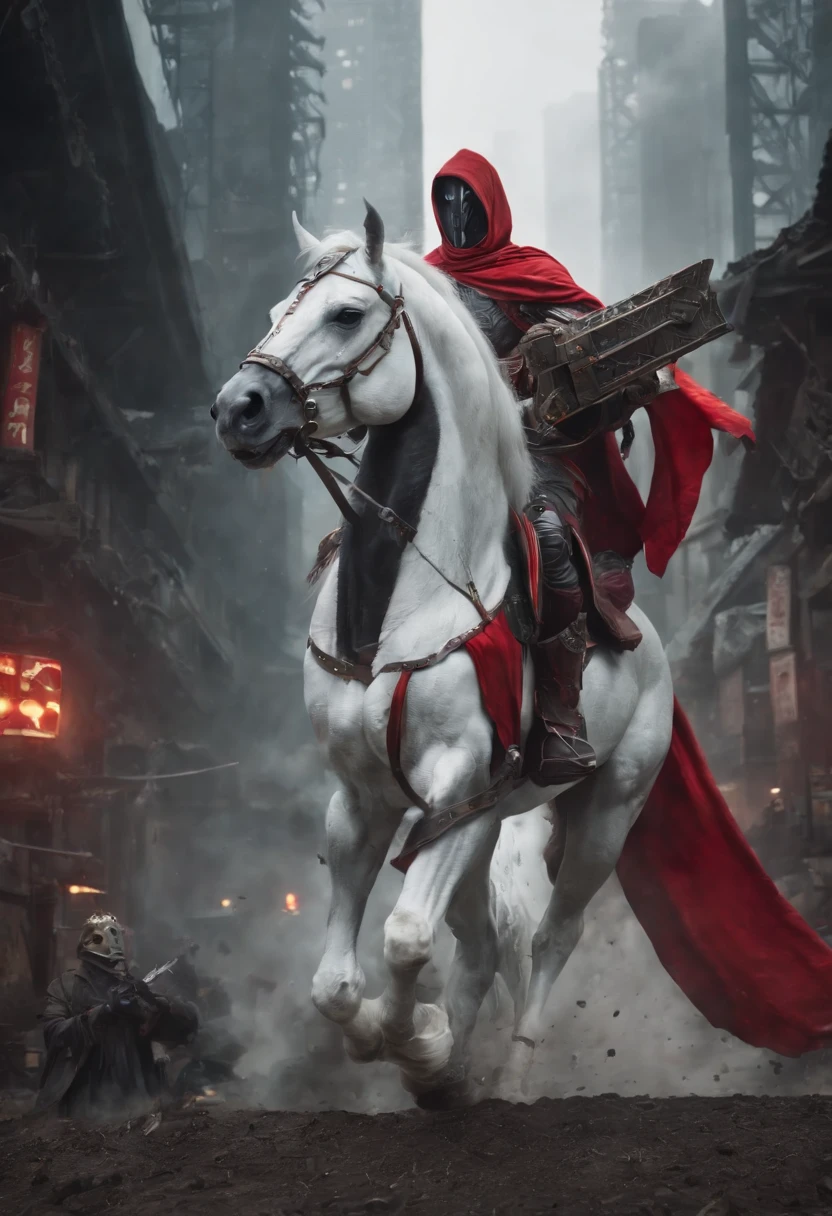 (best quality,4k,highres:1.2), ultra-detailed, realistic, dark fantasy, cyberpunk, portraits, landscape, HDR, vivid colors, sharp focus, concept artists, mystical atmosphere, gloomy ambience, eerie lighting, otherworldly creatures, towering skyscrapers, neon-lit cityscape, futuristic technology, man with piercing eyes, mechanical marvel, cybernetics guardian, robot existence, white horse galloping, fang tian painting halberd, red accents: 1.1, mysterious veil, dramatic composition