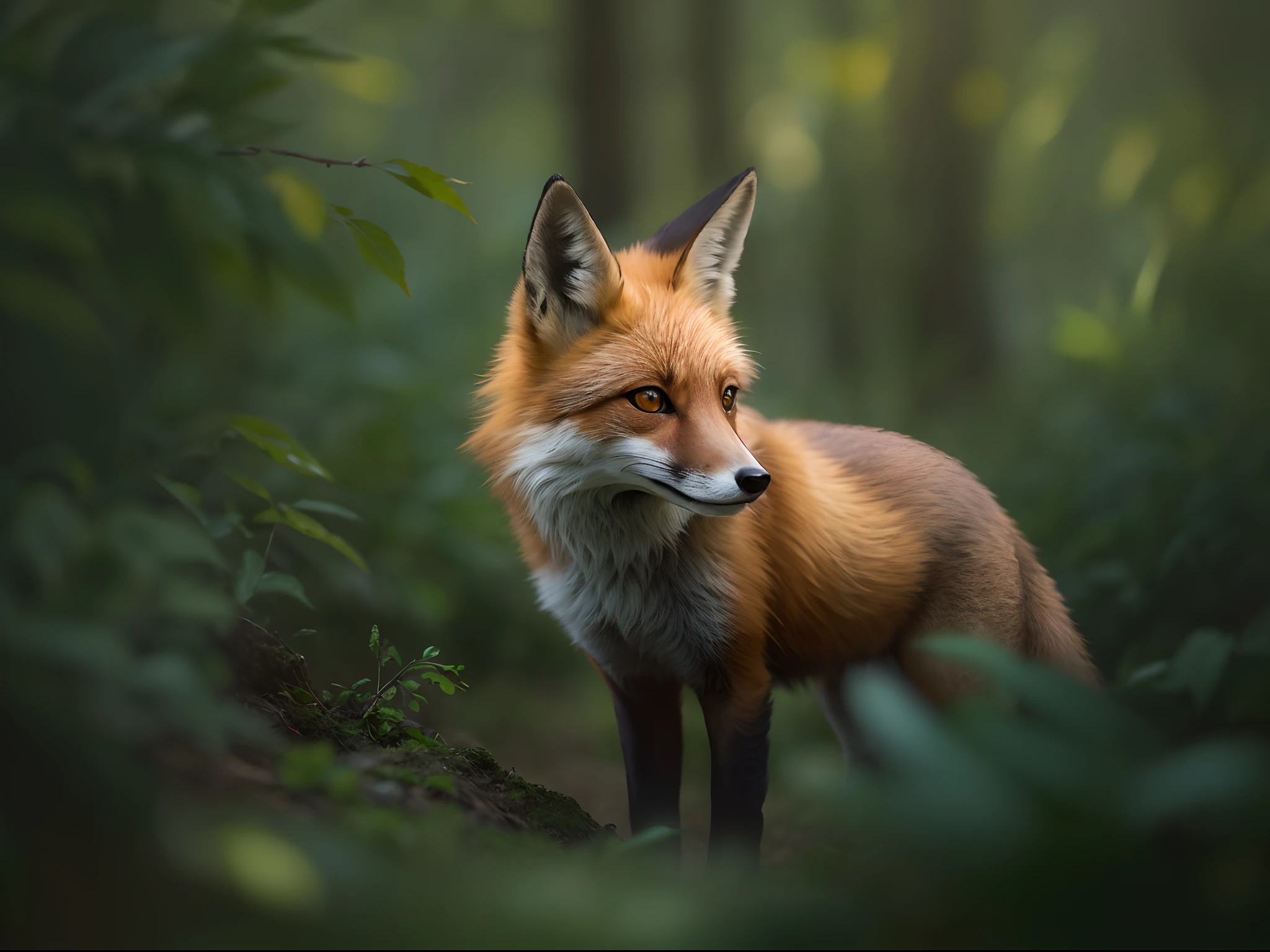 Photo of a red fox、A forest、haze、Halation、Floral、dramatic atmosphere、central、thirds rule、200mm 1.4f tiro macro、(texturas naturais da pele、Hiper-realismo、luz suave、Sharp:1.2)、(detalhe intrincado:1.12)、NFFSW、(detalhe intrincado、ultra-detalhada:1.15)、arte de Greg Rutkowski e Artgerm、soft cinematic lights、Adobe Lightroom、photolab、NFFSW、Complicado、ighly detalhado、(profundidade de campos:1.4)