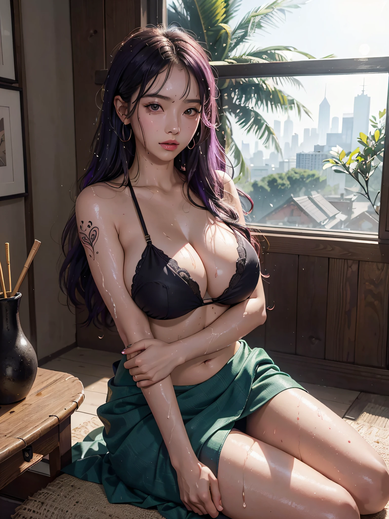 8k、RAW Photos、top-quality、masterpiece:1.2)、(realisitic、Photorealsitic:1.37)、1girl in、 Asian、25-years old、female、(deep in the night)、Sunlight、a room,Day cityscape seen fron the window、Studio Lighting、face lights、photon maping、Radio City、Purple hair、Detailed face、Detailed lips、detailedeyes、More skin、Double eyelids、(huge round tit:1.3)、((boobs Exxposure)),(Sari and blouse,nepal)、(Sari)、(Wearing Sari)、(((no brassiere)))、Exposed cleavage、exposed shoulder、Thigh exposure、(cammel toe)、perfectbody、shinny skin、(Body wet with sweat:1.2)、smirking face、((Sitting))、Make eye contact with the camera,background camera lens blur,depth of field,35 m,hyper detailed,ultra high quality,perfect,anime tattoo on right hand,((vintage style photo)