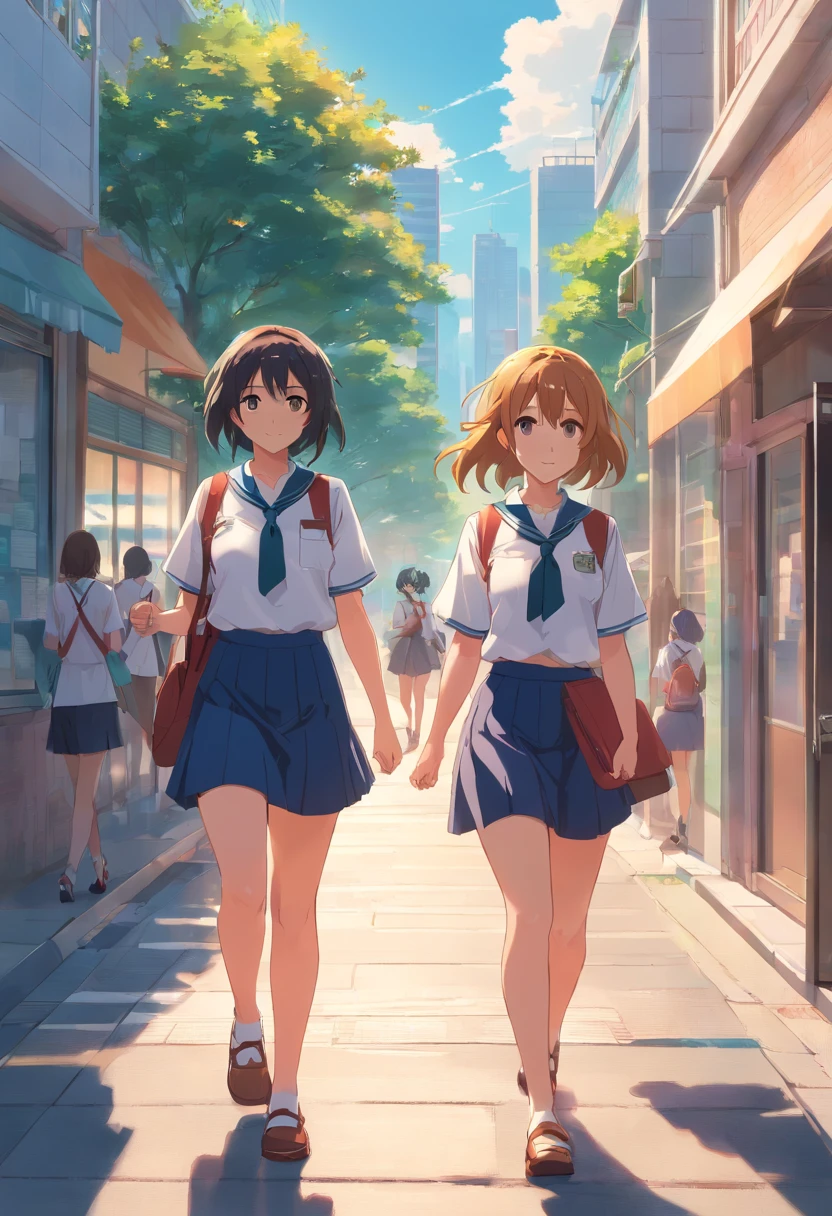 2 girls with big Boobs  in schooluniform  walking  in the city  to meet  ther frends in Sommer and then they  go to the Pool  8k, super detailliert, Genau , best qulaity