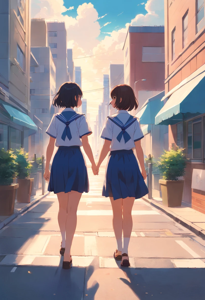 2 girls with big Boobs in schooluniform walking in the city to meet ther frends in Sommer and then they go to the Pool 8k, super detailliert, Genau , best qulaity