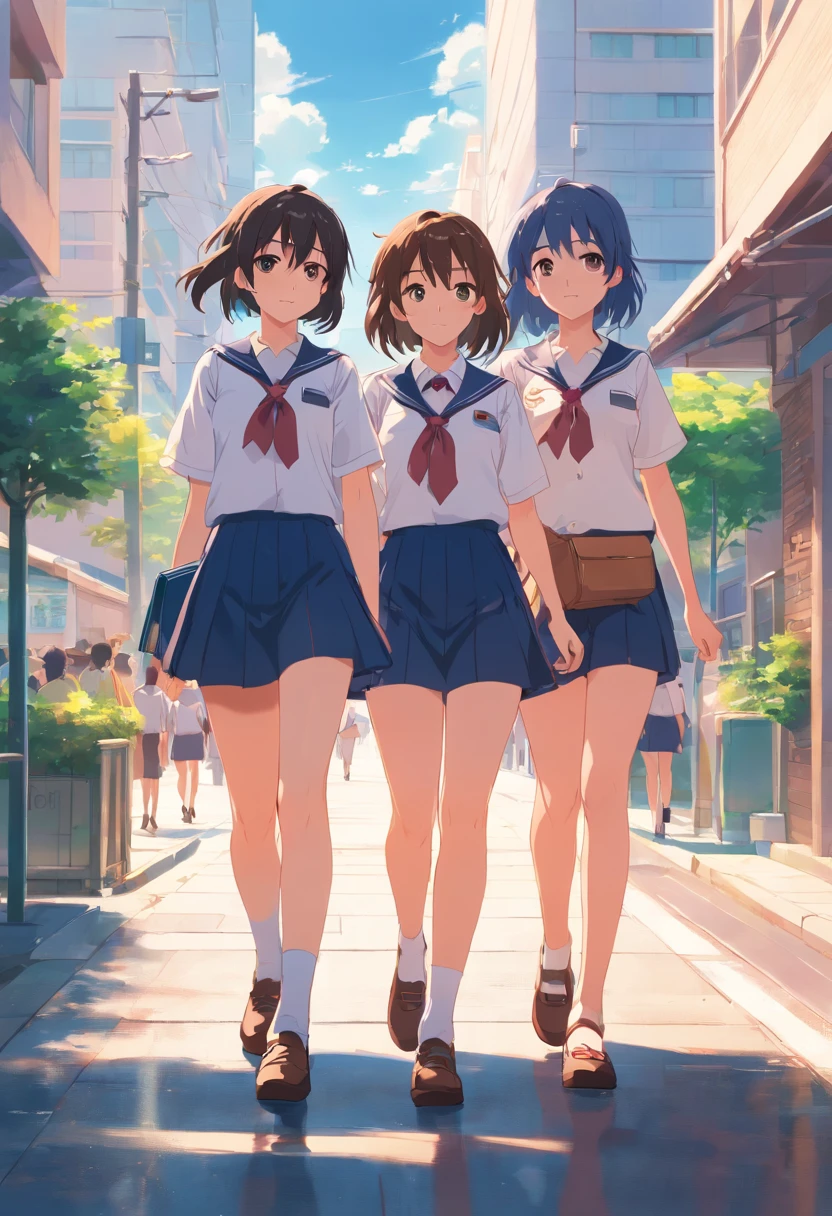 2 girls with big Boobs in schooluniform walking in the city to meet ther frends in Sommer and then they go to the Pool 8k, super detailliert, Genau , best qulaity