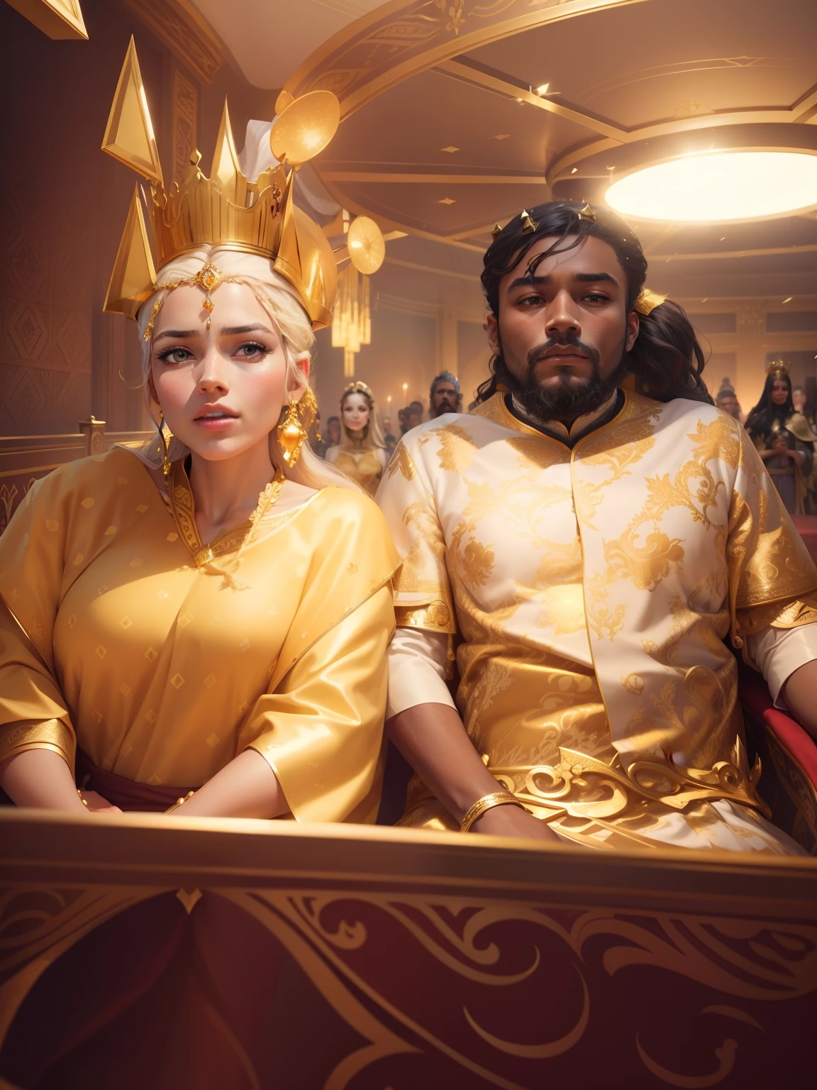 Change this background butiful kingdom, ultra realistic graphics, intelligent analysis on face, ultra realistic face, 4k graphic, intelligent analysis on pose, ultra realistic face, left side is queen and right side is king, royal dresses, king ware butiful golden crown, queen ware butiful White crown