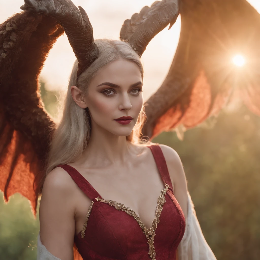 A monster girl has wings .scary woman.devil woman. large wings.large horns .elf ears . standing on a tree . high tree . looking at sunset. big boobs . ultra high resolution . 8k . fully detailed