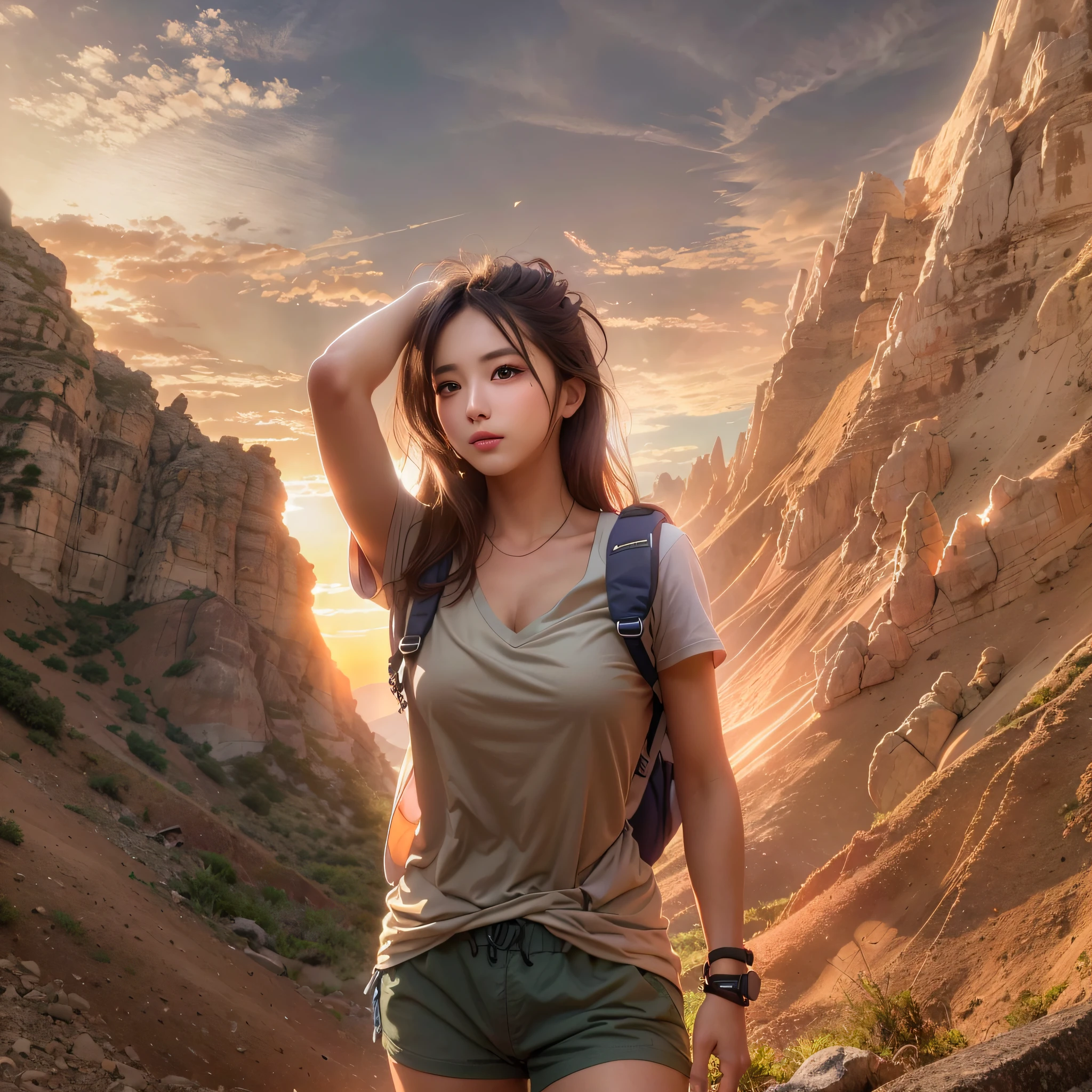 (Naturescape photography), (best quality), masterpiece:1.2, ultra high res, photorealistic:1.4, RAW photo, (Magnificent mountain, sea of clouds), (Pitching a tent), (sunset), (wideangle shot), 
(1girl), (Photo from the knee up:1.3), (18 years old), (smile:0.9), (shiny skin), (semi-long hair, dark brown hair), 
(Large white V-neck T-shirt, Trekking shorts), (Carrying a large backpack), 
(ultra detailed face), (ultra Beautiful fece), (ultra detailed eyes), (ultra detailed nose), (ultra detailed mouth), (ultra detailed arms), (ultra detailed body), pan focus, looking at the audience, (Show cleavage)