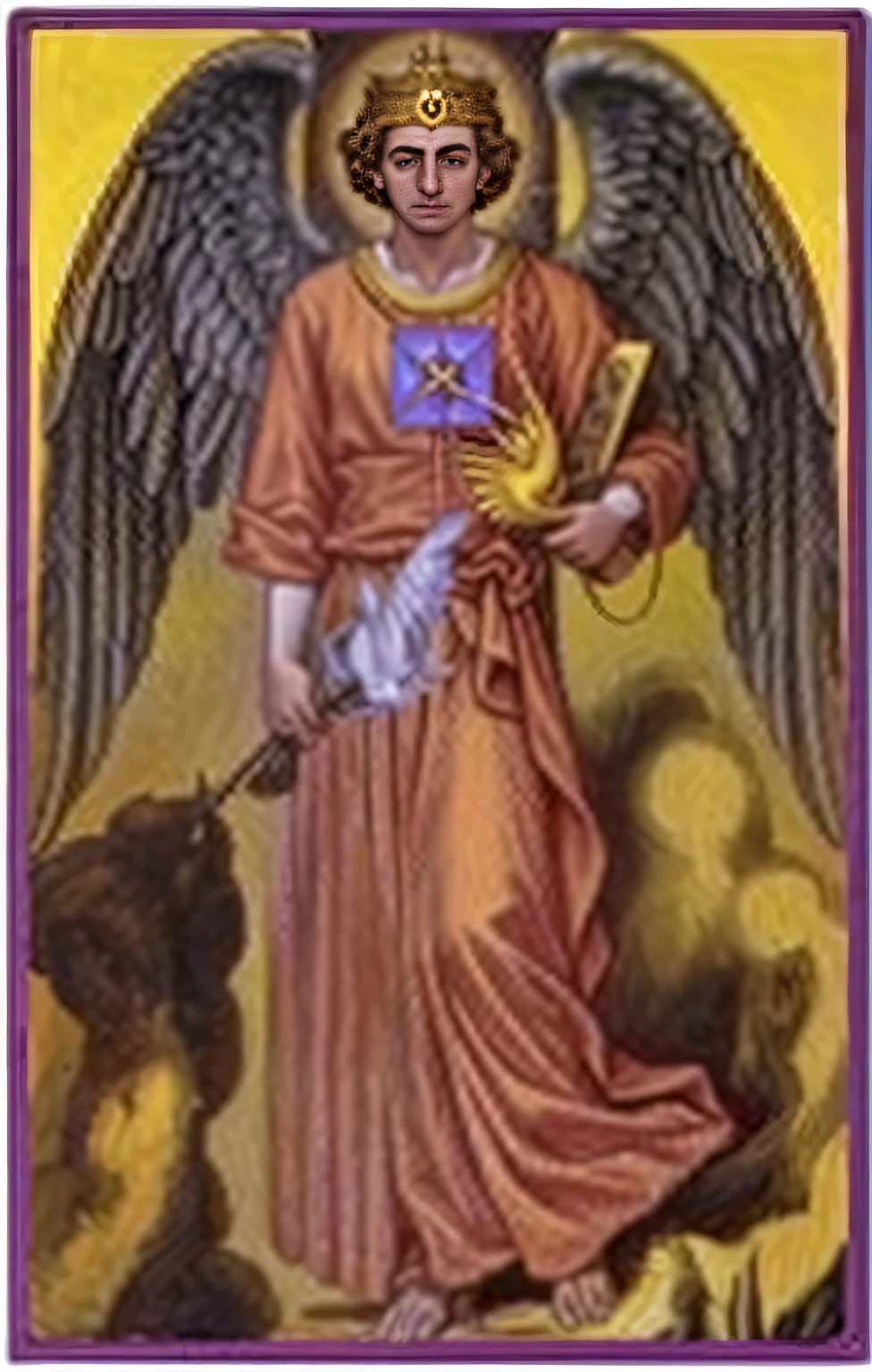 a painting of an angel holding a bird in his hand, Arcanjo Miguel, as a tarot card, Hermes Trismegisto;, the justice tarot card, Metatron, anjo, aries fiery ram tarot, arcanjo, tarot card the chariot, anjo biblicamente acuado, saint michael the angel, the emperor tarot card, Thoth, Serafim