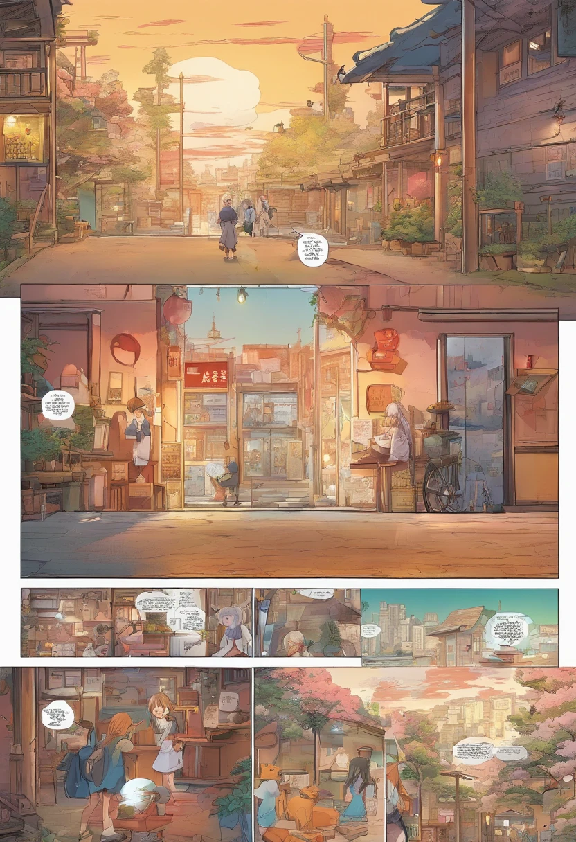 Japanese manga is presented in several irregular panels with colors. A small, white-haired wolf girl struggles while running away from home and then reuniting with her nekos friends. The style is exaggerated and detailed