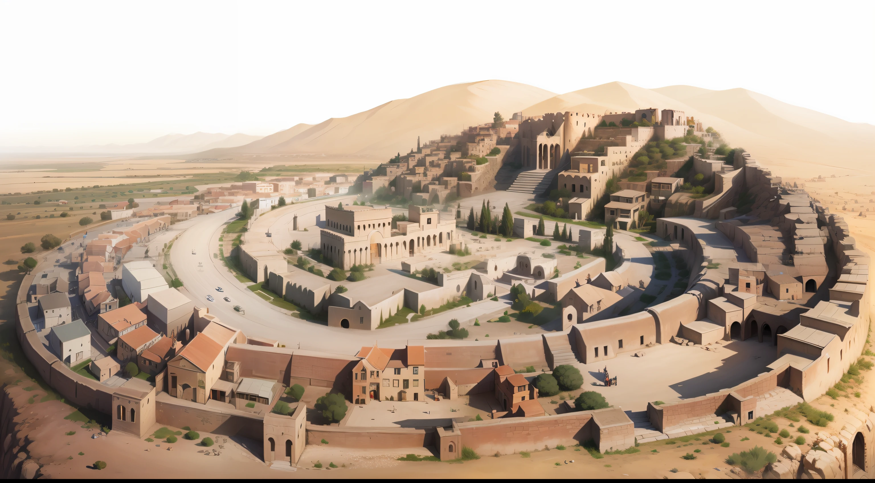 panoramic view, architecture, ancient, fortified city, Jericho, biblical era, massive stone walls, imposing watchtowers, sturdy gates, bustling streets, adobe structures, historical authenticity, dramatic sunset lighting, aerial perspective --ar